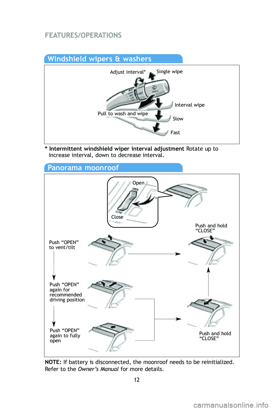 TOYOTA tC 2009 (in English) User Guide 12
FEATURES/OPERATIONS
Windshield wipers & washers
Interval wipe
Slow
Fast
Pull to wash and wipeAdjust interval*
Single wipe
Panorama moonroof
NOTE:
If battery is disconnected, the moonroof needs to b TOYOTA tC 2009 (in English) User Guide 12
FEATURES/OPERATIONS
Windshield wipers & washers
Interval wipe
Slow
Fast
Pull to wash and wipeAdjust interval*
Single wipe
Panorama moonroof
NOTE:
If battery is disconnected, the moonroof needs to b