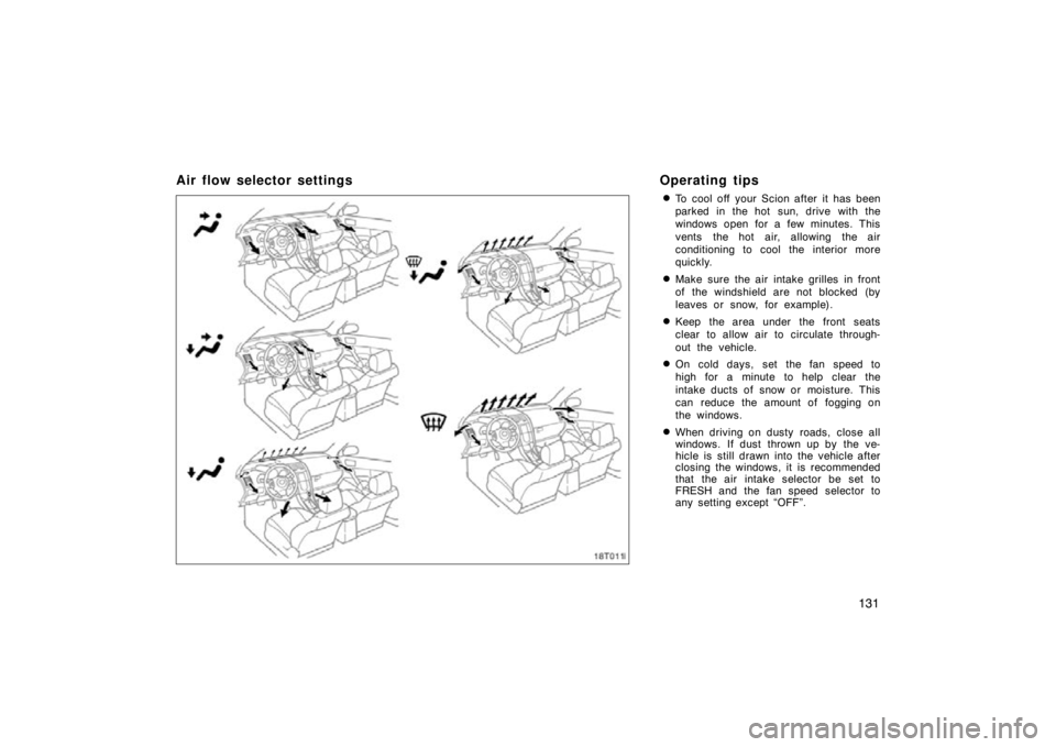 TOYOTA tC 2009  Owners Manual (in English) 131
Air flow selector settingsOperating tips
To cool off your Scion after it has been
parked in the hot  sun, drive with the
windows open for a few minutes. This
vents the hot air, allowing the air
c
