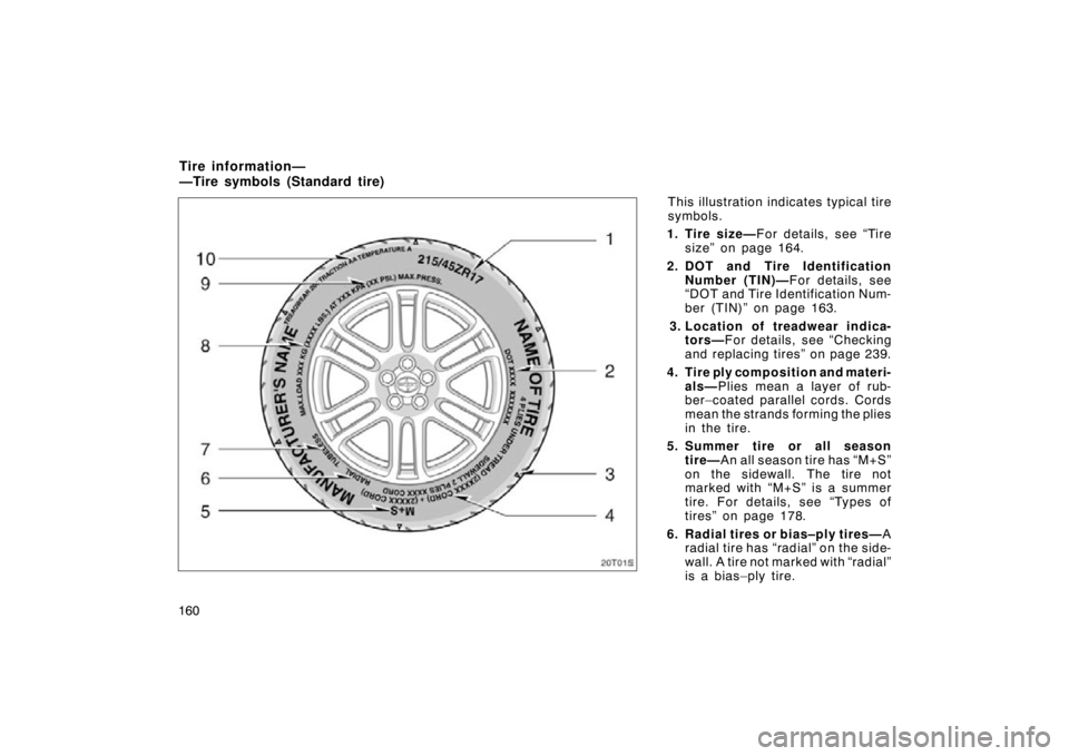 TOYOTA tC 2009  Owners Manual (in English) 160This illustration indicates typical tire
symbols.
1. Tire size— For details, see “Tire
size” on page 164.
2. DOT and  Tire Identification Number (TIN)— For details, see
“DOT and Tire Iden