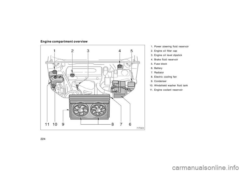 TOYOTA tC 2009  Owners Manual (in English) 224
Engine compartment overview
1. Power steering fluid reservoir
2. Engine oil filler  cap
3. Engine oil level dipstick
4. Brake fluid reservoir
5. Fuse block
6. Battery
7. Radiator
8. Electric cooli