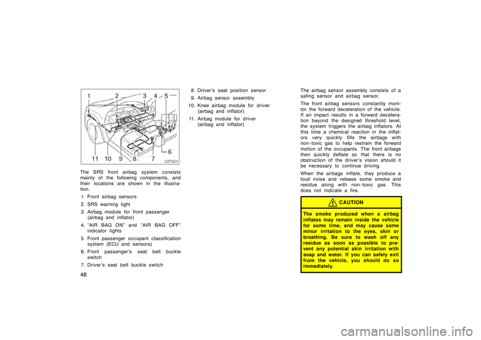 TOYOTA tC 2009   (in English) Workshop Manual 48
13T021
The SRS front airbag system consists
mainly of the following components, and
their  locations are shown in the illustra-
tion.1. Front airbag sensors
2. SRS warning light
3. Airbag module fo
