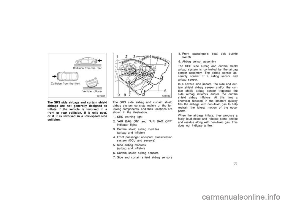 TOYOTA tC 2009   (in English) Repair Manual 55
Collision from the rear
Collision from the front Vehicle rollover
The SRS side airbags and curtain shield
airbags are not generally designed to
inflate if the vehicle is involved in a
front or rear