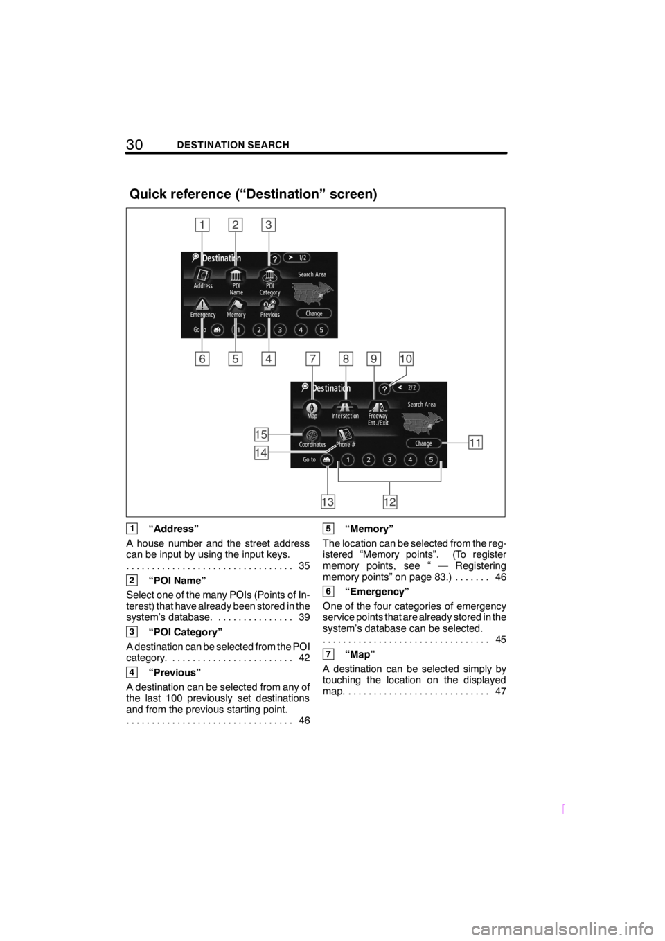 TOYOTA tC 2009  Accessories, Audio & Navigation (in English) 30DESTINATION SEARCH
SCION V398
1“Address”
A house number and the street address
can be input by using the input keys.
35 .................................
2“POI Name”
Select one of the many P