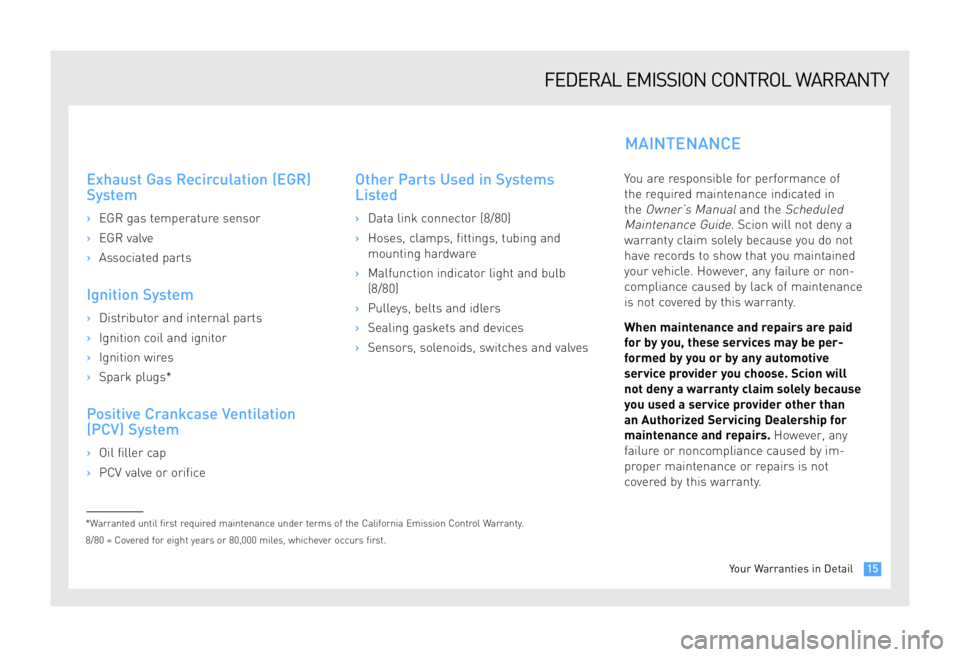 TOYOTA tC 2009 Warranties & Maintenance Guides (in English) Exhaust Gas Recirculation (EGR)
System
›EGR gas temperature sensor
› EGR valve
› Associated parts
Ignition System
›Distributor and internal parts
› Ignition coil and ignitor
› Ignition wi TOYOTA tC 2009 Warranties & Maintenance Guides (in English) Exhaust Gas Recirculation (EGR)
System
›EGR gas temperature sensor
› EGR valve
› Associated parts
Ignition System
›Distributor and internal parts
› Ignition coil and ignitor
› Ignition wi