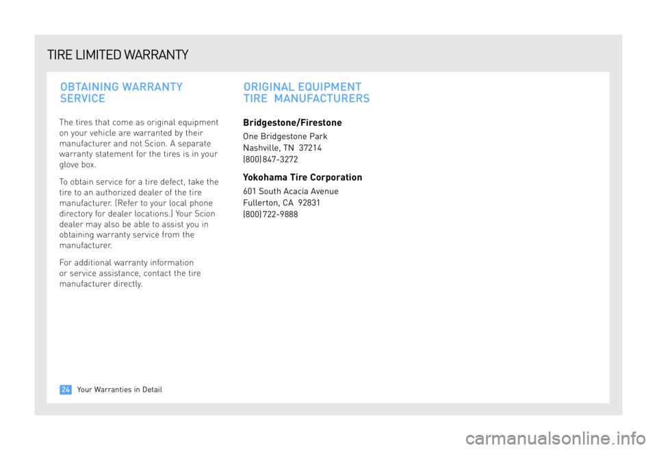 TOYOTA tC 2009 Warranties & Maintenance Guides (in English) The tires that come as original equipment
on your vehicle are warranted by their
manufacturer and not Scion. A separate
warranty statement for the tires is in your
glove box.
To obtain service for a TOYOTA tC 2009 Warranties & Maintenance Guides (in English) The tires that come as original equipment
on your vehicle are warranted by their
manufacturer and not Scion. A separate
warranty statement for the tires is in your
glove box.
To obtain service for a