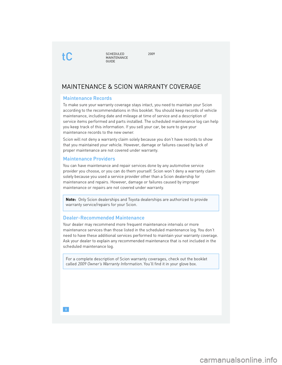 TOYOTA tC 2009 Warranties & Maintenance Guides (in English) TOYOTA tC 2009 Warranties & Maintenance Guides (in English)