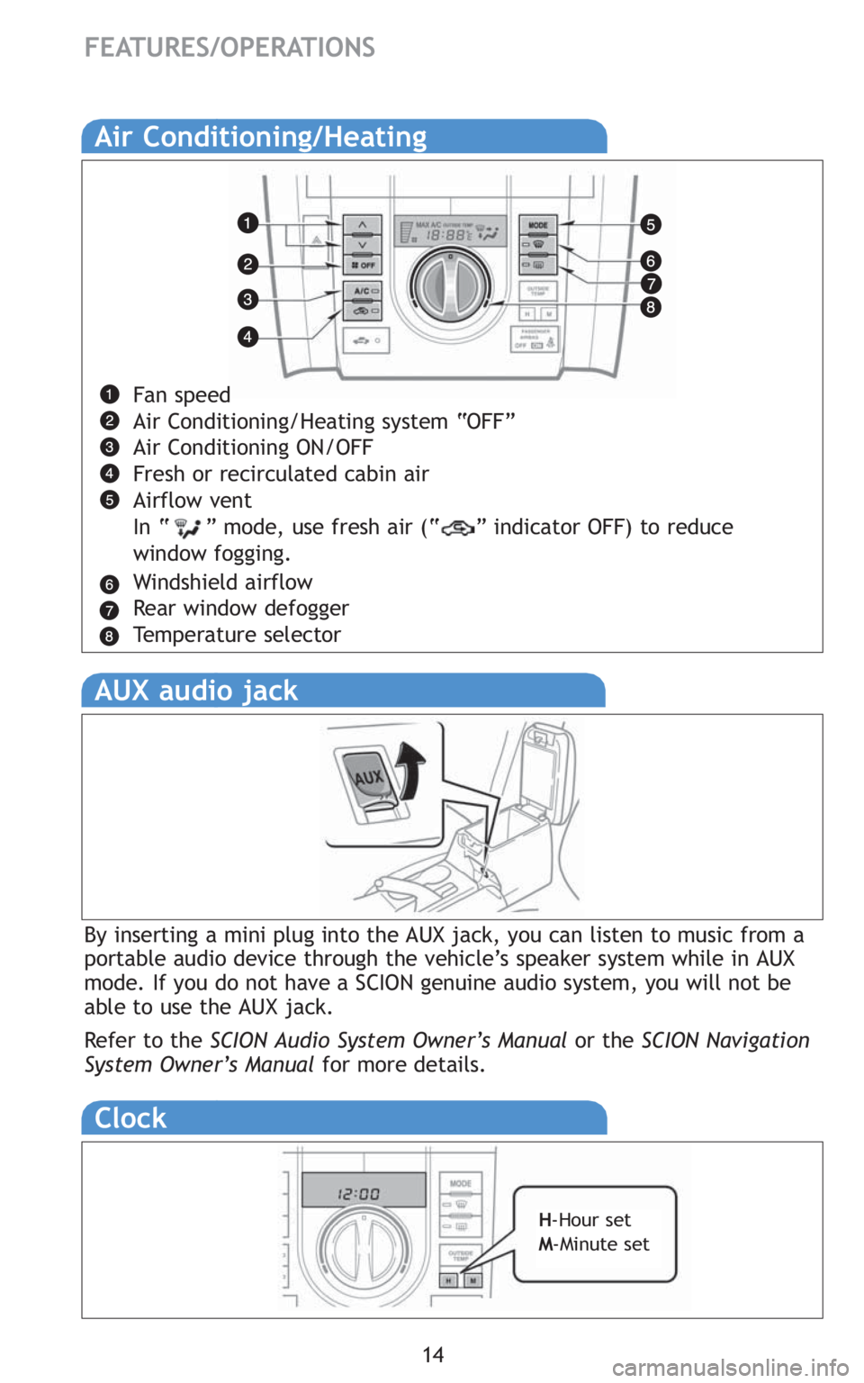 TOYOTA tC 2010   (in English) User Guide 14
Clock 
H-Hour set 
M-Minute set 
Air Conditioning/Heating
Fan speed
Air Conditioning/Heating system “OFF”
Air Conditioning ON/OFF
Fresh or recirculated cabin air
Airflow vent
In “     ” mod