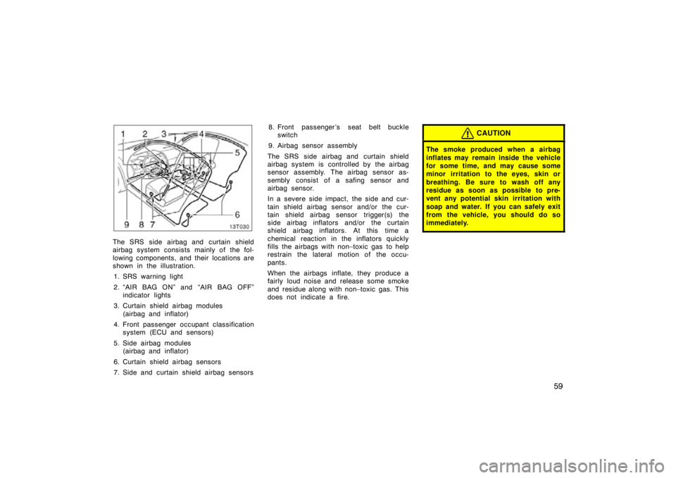 TOYOTA tC 2010   (in English) Repair Manual 59
13T030
The SRS side airbag and curtain shield
airbag system consists mainly of the fol-
lowing components, and their  locations are
shown in the illustration.1. SRS warning light
2. “AIR BAG ON