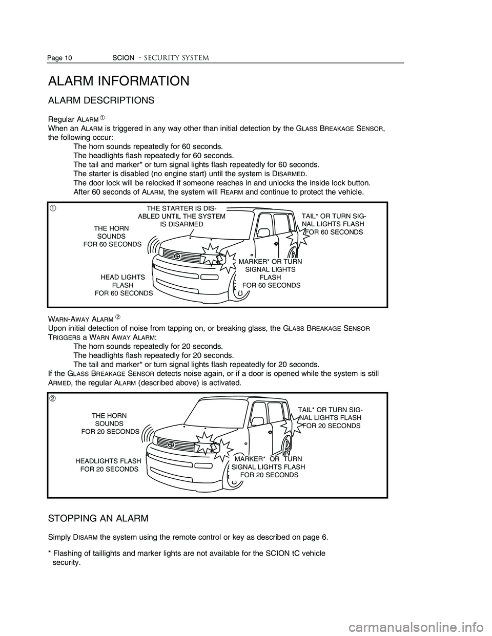 TOYOTA tC 2010  Accessories, Audio & Navigation (in English) 
SCION- Security systemPage  3
BRIEF DESCRIPTION– SECURITY FEATURES
The SCION - Security will arm 30 seconds after the lock button
on the remote keyless entry system’s remote control is pressed,
a