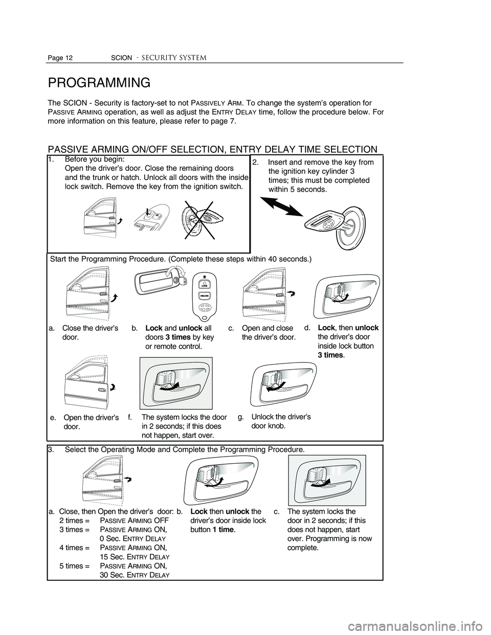 TOYOTA tC 2010 Accessories, Audio & Navigation (in English)
To better understand the features and functions of this security system, please read this Owner’s
Guide completely prior to use.
TABLE OF CONTENTS
DESCRIPTIONPAGE
INTRODUCTION2
BRIEF DESCRIPTION TOYOTA tC 2010 Accessories, Audio & Navigation (in English)
To better understand the features and functions of this security system, please read this Owner’s
Guide completely prior to use.
TABLE OF CONTENTS
DESCRIPTIONPAGE
INTRODUCTION2
BRIEF DESCRIPTION
