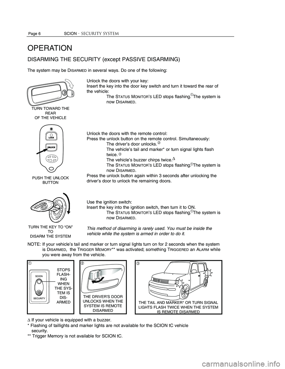 TOYOTA tC 2010 Accessories, Audio & Navigation (in English)
Page 6 SCION- Security system
OPERATION
DISARMING THE SECURITY (except PASSIVE DISARMING)
The system may be DISARMEDin several ways. Do one of the following:
Unlock the doors with TOYOTA tC 2010 Accessories, Audio & Navigation (in English)
Page 6 SCION- Security system
OPERATION
DISARMING THE SECURITY (except PASSIVE DISARMING)
The system may be DISARMEDin several ways. Do one of the following:
Unlock the doors with