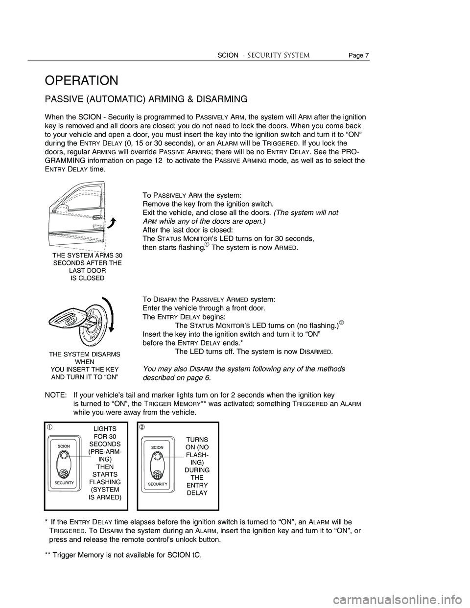 TOYOTA tC 2010 Accessories, Audio & Navigation (in English)
Page 6 SCION- Security system
OPERATION
DISARMING THE SECURITY (except PASSIVE DISARMING)
The system may be DISARMEDin several ways. Do one of the following:
Unlock the doors with TOYOTA tC 2010 Accessories, Audio & Navigation (in English)
Page 6 SCION- Security system
OPERATION
DISARMING THE SECURITY (except PASSIVE DISARMING)
The system may be DISARMEDin several ways. Do one of the following:
Unlock the doors with