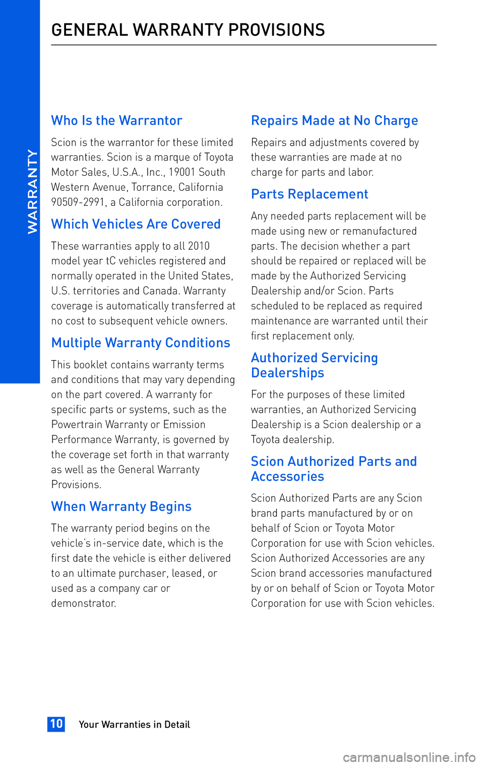 TOYOTA tC 2010 Warranties & Maintenance Guides (in English) TOYOTA tC 2010 Warranties & Maintenance Guides (in English)