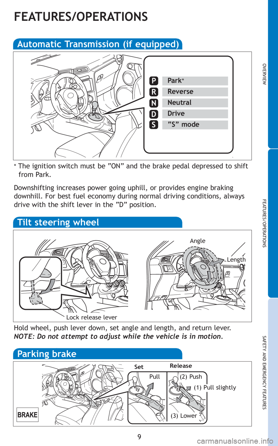 TOYOTA tC 2011   (in English) User Guide 9
OVERVIEW
FEATURES/OPERATIONS
SAFETY AND EMERGENCY FEATURES
FEATURES/OPERATIONS
Automatic Transmission (if equipped)
Park*
Reverse
Neutral
Drive
P
R
N
D
N
