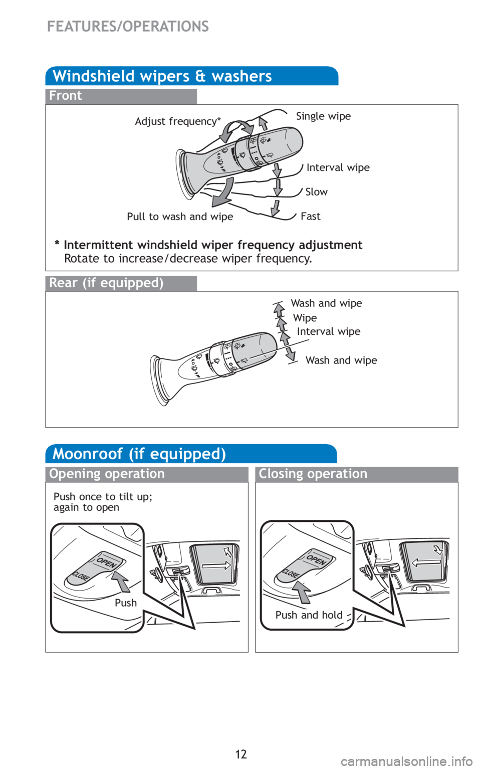 TOYOTA tC 2011   (in English) User Guide 12
FEATURES/OPERATIONS
Adjust frequency*
* Intermittent windshield wiper frequency adjustment
Rotate to increase/decrease wiper frequency.
Windshield wipers & washers
Front
Rear (if equipped)
Interval