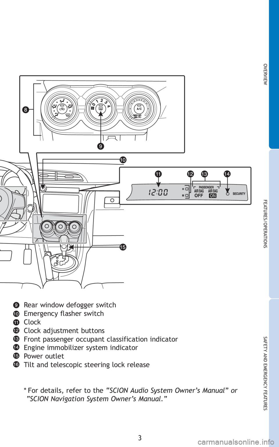TOYOTA tC 2011  Owners Manual (in English) 3
OVERVIEW
FEATURES/OPERATIONS
SAFETY AND EMERGENCY FEATURES
Rear window defogger switch
Emergency flasher switch
Clock
Clock adjustment buttons
Front passenger occupant classification indicator
Engin