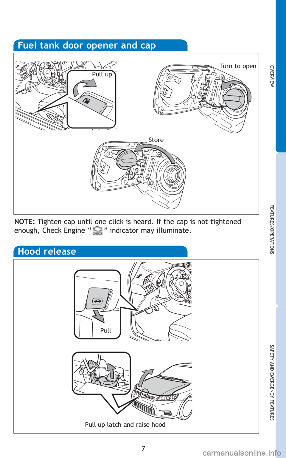 TOYOTA tC 2011  Owners Manual (in English) 7
OVERVIEW
FEATURES/OPERATIONS
SAFETY AND EMERGENCY FEATURES
Fuel tank door opener and cap
Tu r n  t o  o p e n
Store Pull up
NOTE:Tighten cap until one click is heard. If the cap is not tightened
eno