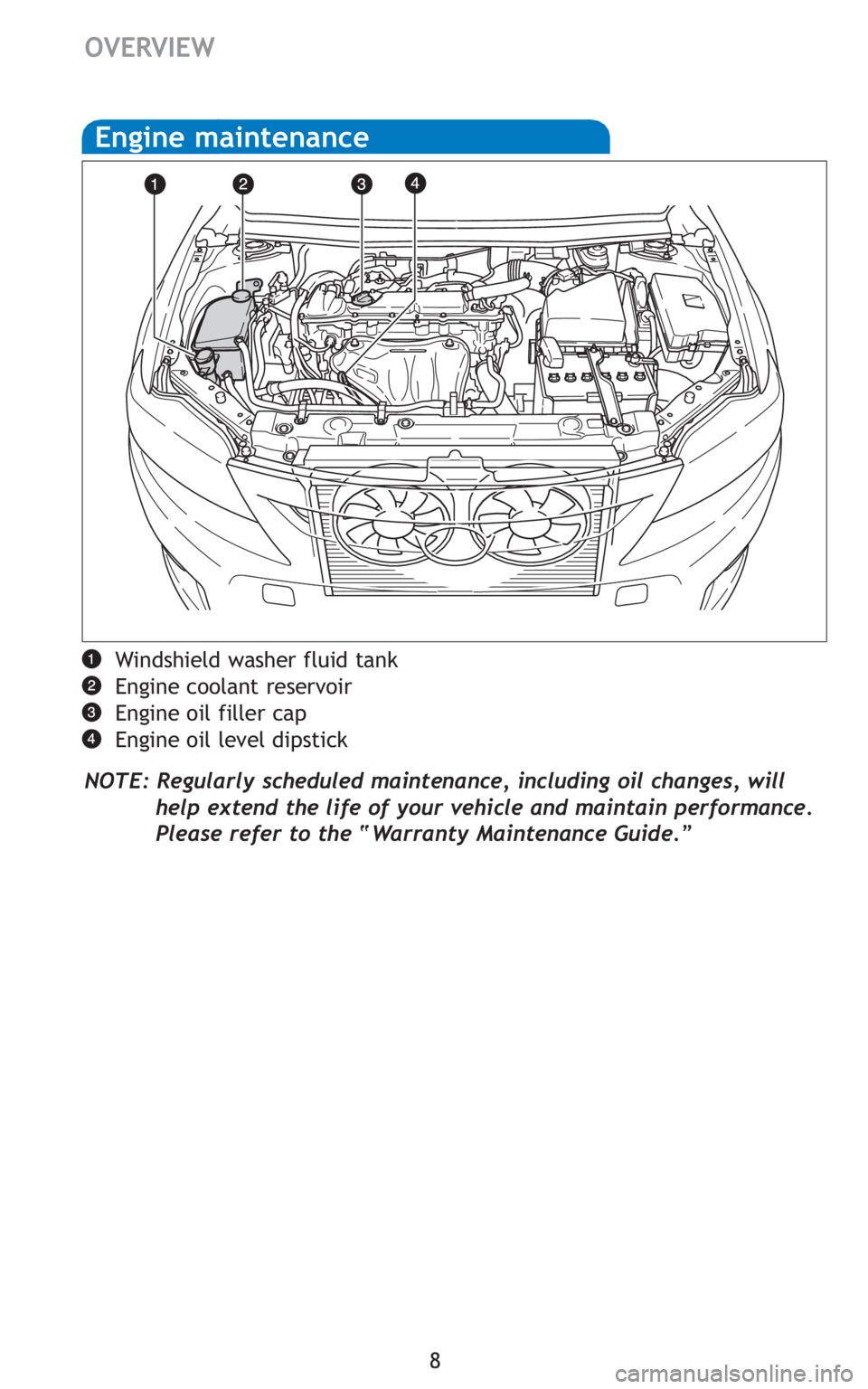 TOYOTA tC 2011  Owners Manual (in English) 8
Engine maintenance
Windshield washer fluid tank
Engine coolant reservoir
Engine oil filler cap
Engine oil level dipstick
NOTE: Regularly scheduled maintenance, including oil changes, will
help exten