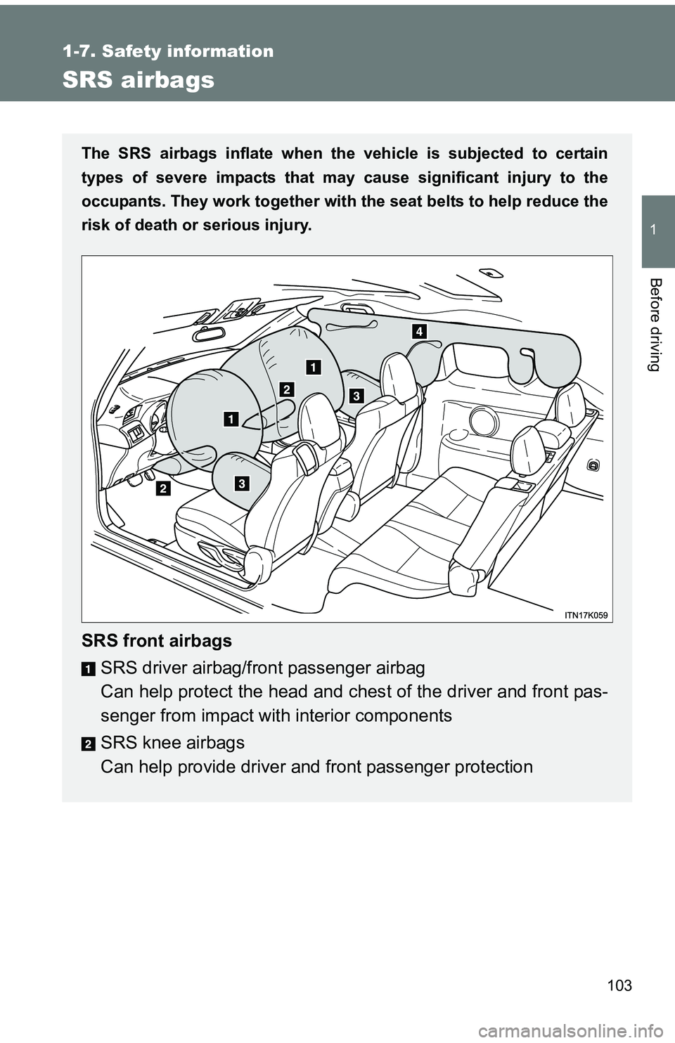 TOYOTA tC 2011  Owners Manual (in English) 103
1
1-7. Safety information
Before driving
SRS airbags
The SRS airbags inflate when the vehicle is subjected to certain
types of severe impacts that may  cause significant injury to the
occupants. T