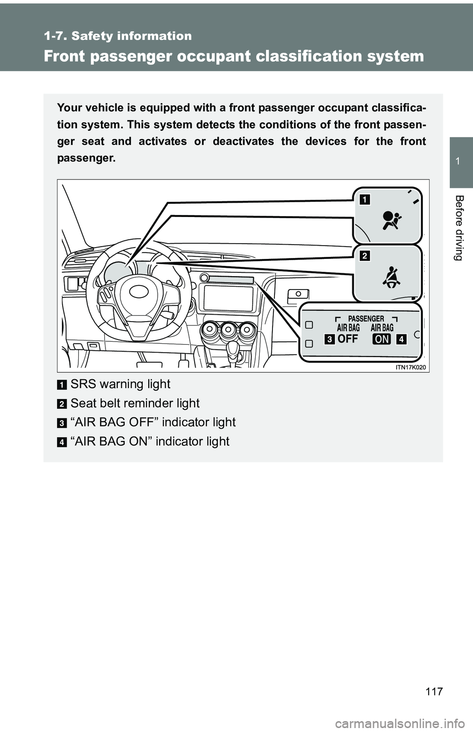 TOYOTA tC 2011  Owners Manual (in English) 117
1
1-7. Safety information
Before driving
Front passenger occupant classification system
Your vehicle is equipped with a front passenger occupant classifica-
tion system. This system detects the  c