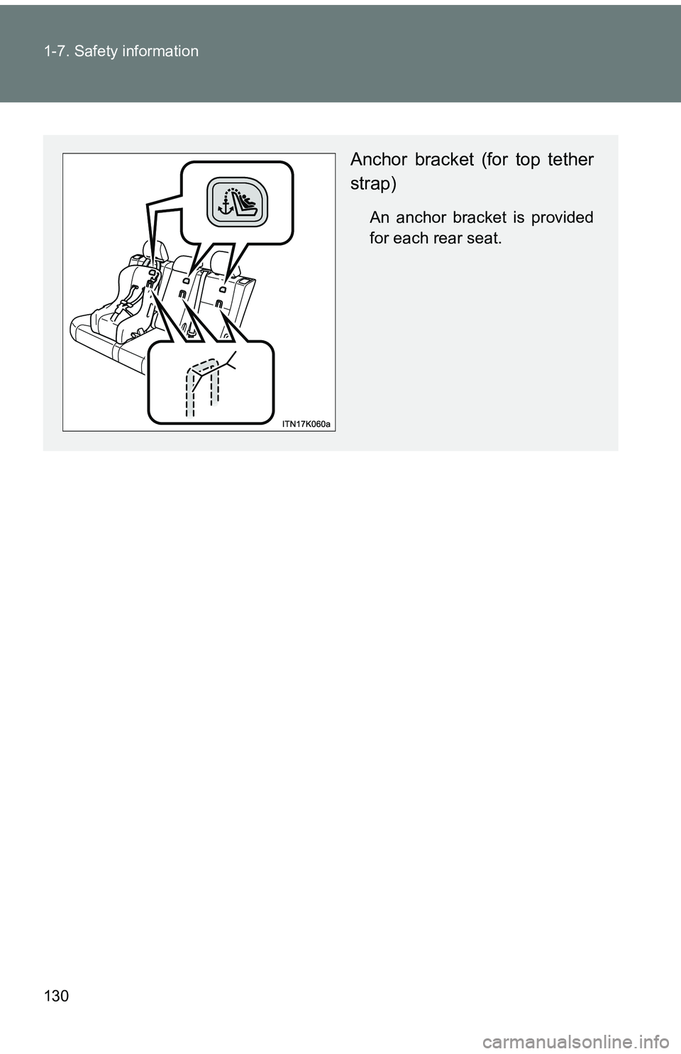 TOYOTA tC 2011  Owners Manual (in English) 130 1-7. Safety information
Anchor bracket (for top tether
strap)
An anchor bracket is provided
for each rear seat. 