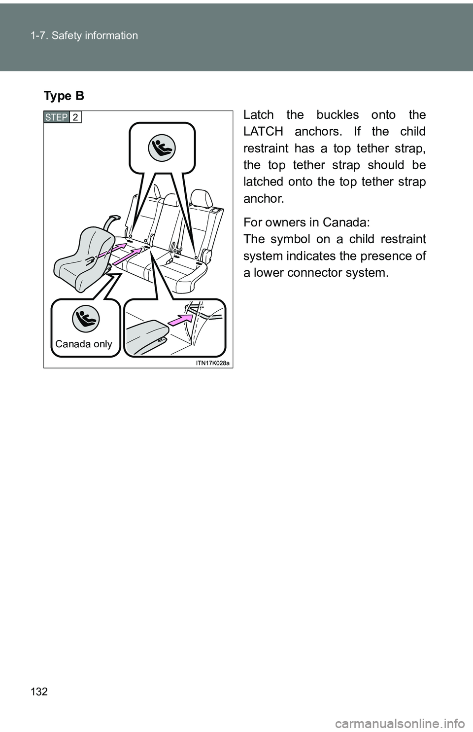 TOYOTA tC 2011  Owners Manual (in English) 132 1-7. Safety information
Ty p e  BLatch the buckles onto the
LATCH anchors. If the child
restraint has a top tether strap,
the top tether strap should be
latched onto the top tether strap
anchor.
F