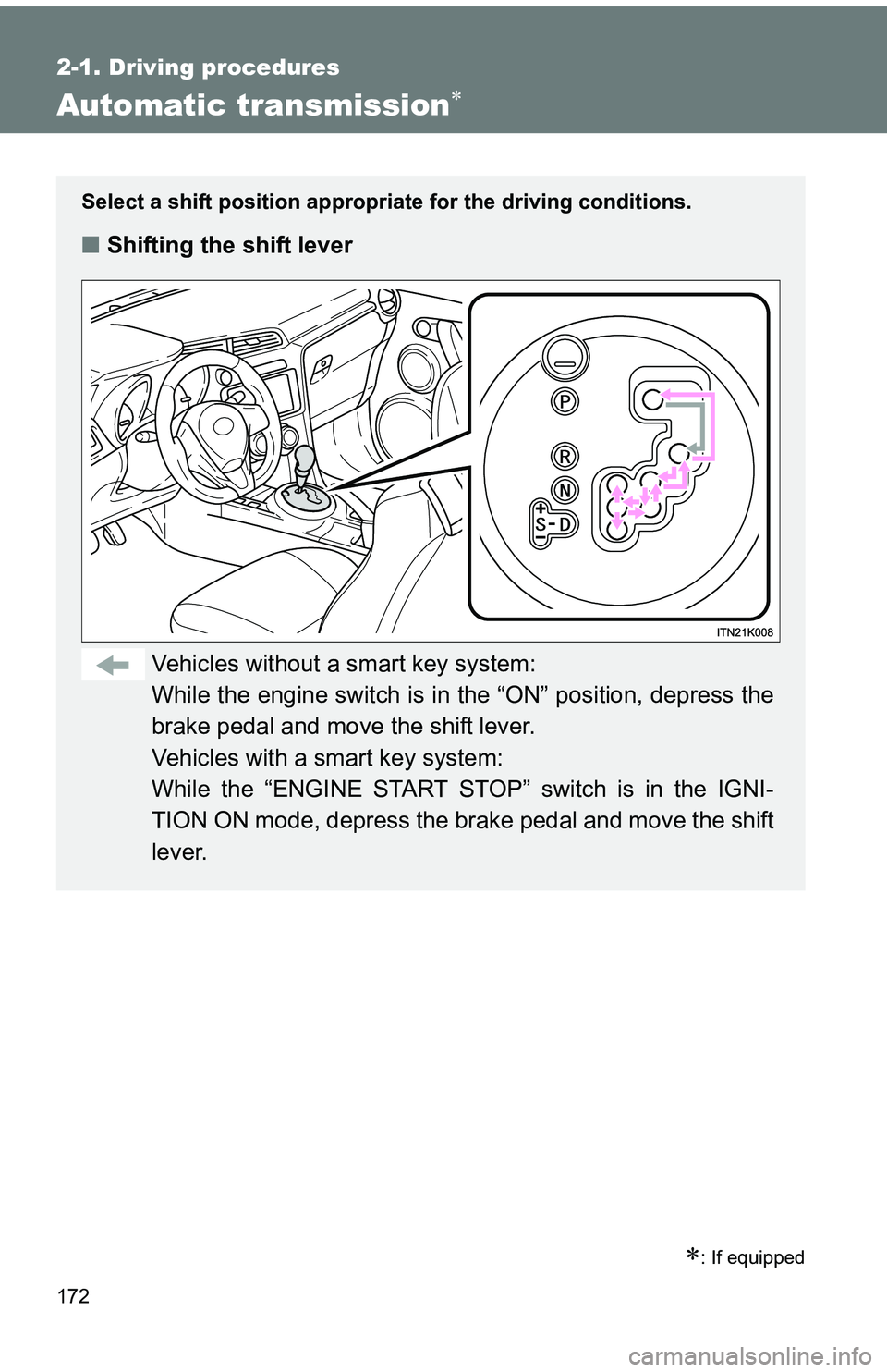 TOYOTA tC 2011  Owners Manual (in English) 172
2-1. Driving procedures
Automatic transmission
: If equipped
Select a shift position appropriate for the driving conditions.
■Shifting the shift lever
Vehicles without a smart key system:
