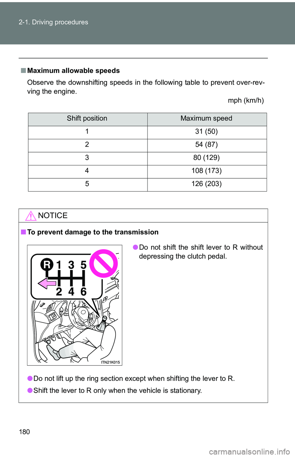 TOYOTA tC 2011  Owners Manual (in English) 180 2-1. Driving procedures
■Maximum allowable speeds
Observe the downshifting speeds in the following table to prevent over-rev-
ving the engine.
mph (km/h)
NOTICE
■To prevent damage to the trans