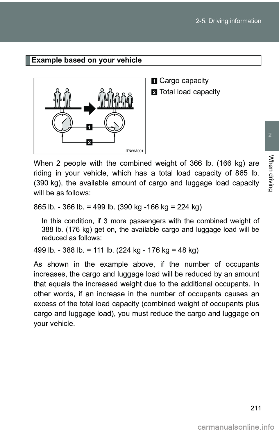 TOYOTA tC 2011  Owners Manual (in English) 211
2-5. Driving information
2
When driving
Example based on your vehicle
Cargo capacity
Total load capacity
When 2 people with the combined weight of 366 lb. (166 kg) are
riding in your vehicle, whic