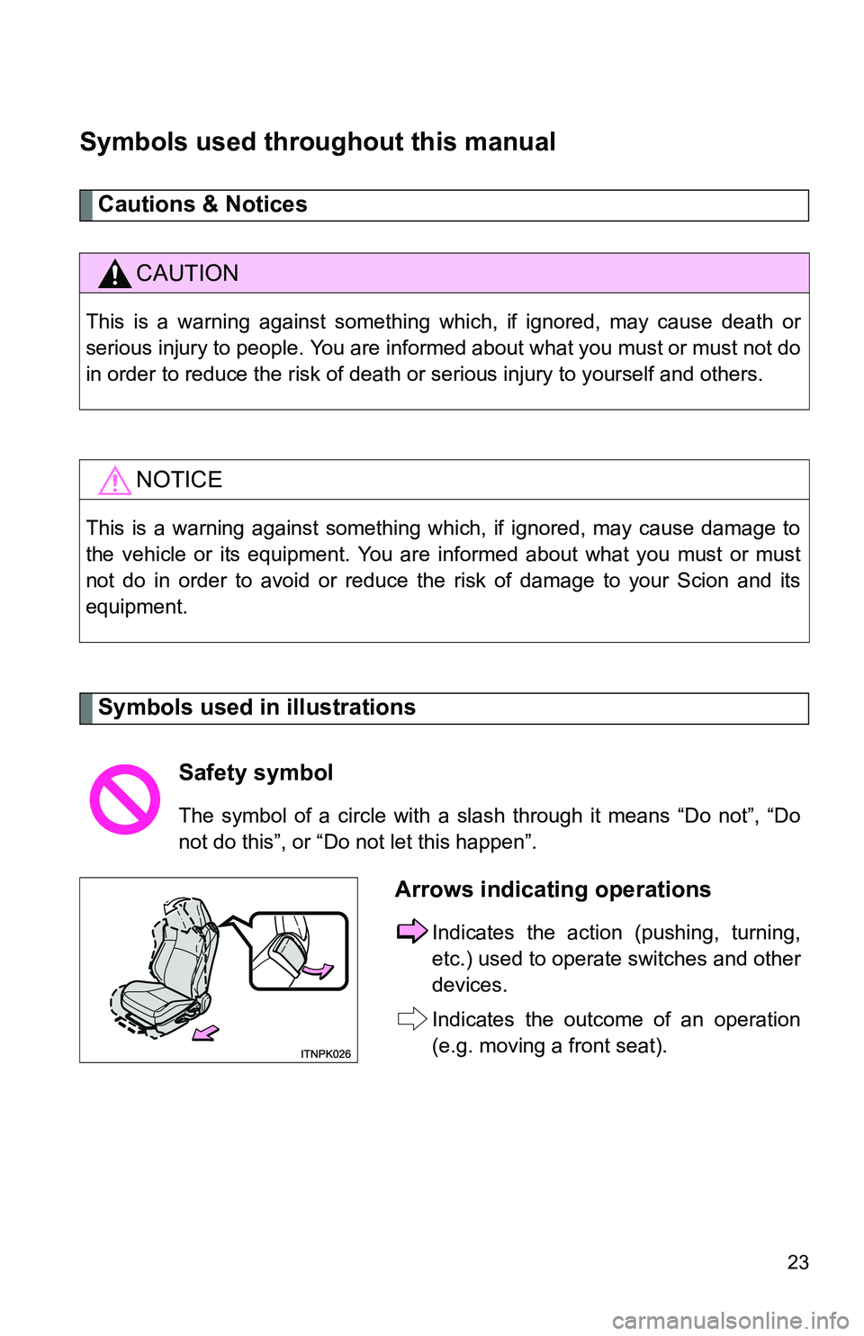 TOYOTA tC 2011   (in English) Owners Manual 23
Symbols used throughout this manual
Cautions & Notices 
Symbols used in illustrations
CAUTION
This is a warning against something which, if ignored, may cause death or
serious injury to people. You