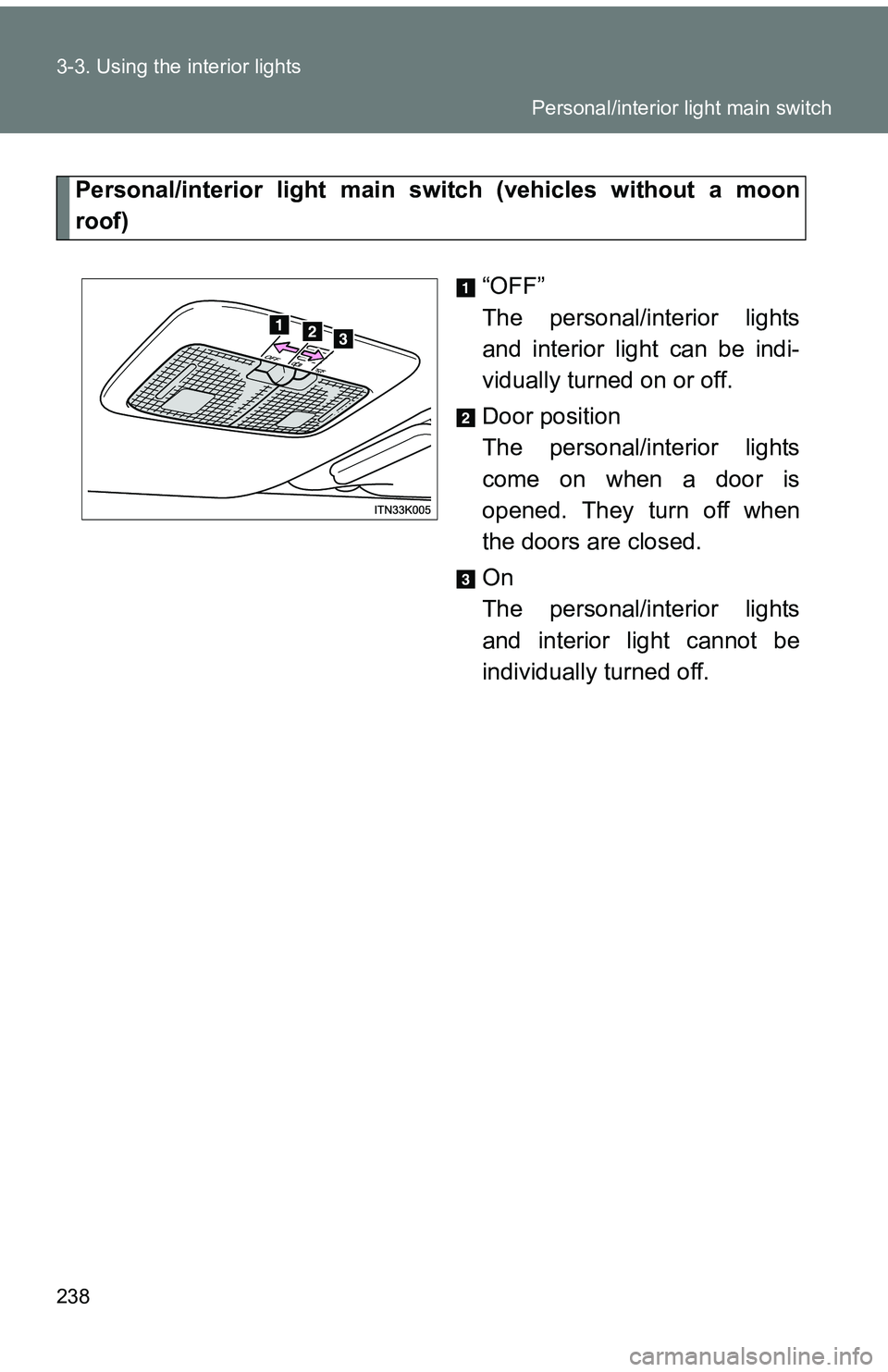 TOYOTA tC 2011  Owners Manual (in English) 238 3-3. Using the interior lights
Personal/interior light main switch (vehicles without a moon
roof)
“OFF”
The personal/interior lights
and interior light can be indi-
vidually turned on or off.
