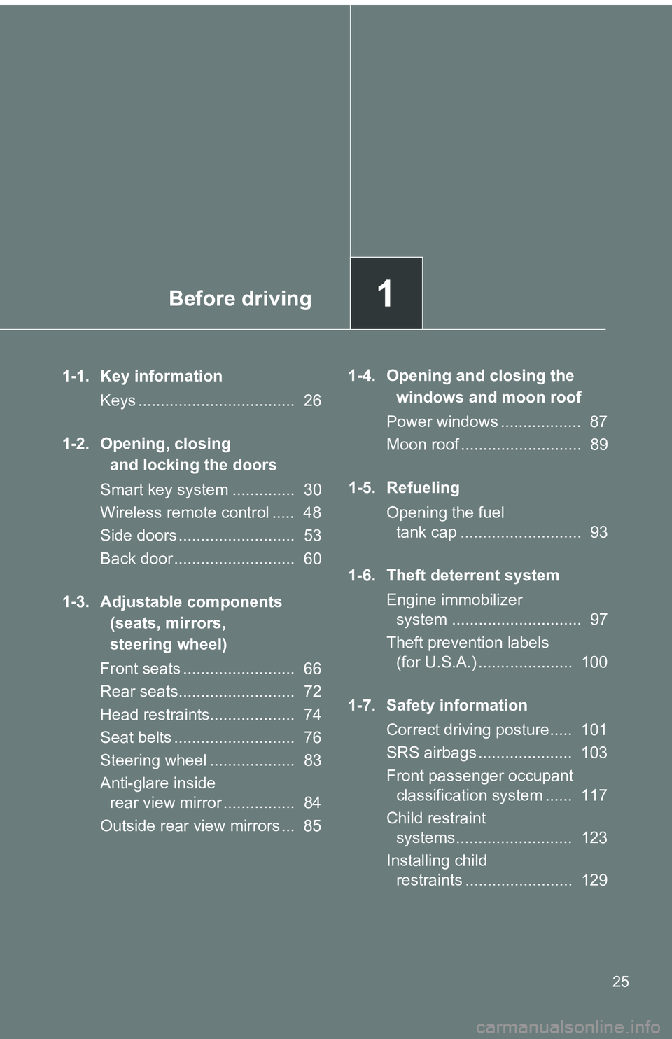 TOYOTA tC 2011  Owners Manual (in English) Before driving1
25
1-1. Key informationKeys ...................................  26
1-2. Opening, closing  and locking the doors
Smart key system ..............  30
Wireless remote control .....  48
S