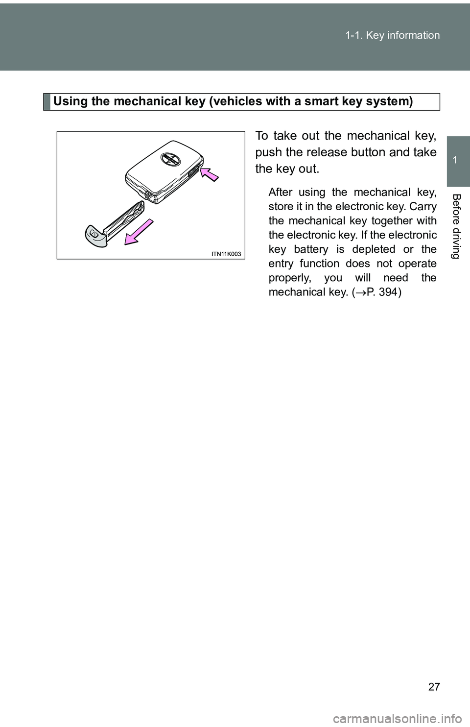 TOYOTA tC 2011   (in English) Owners Manual 27
1-1. Key information
1
Before driving
Using the mechanical key (vehicles with a smart key system)
To take out the mechanical key,
push the release button and take
the key out.
After using the mecha