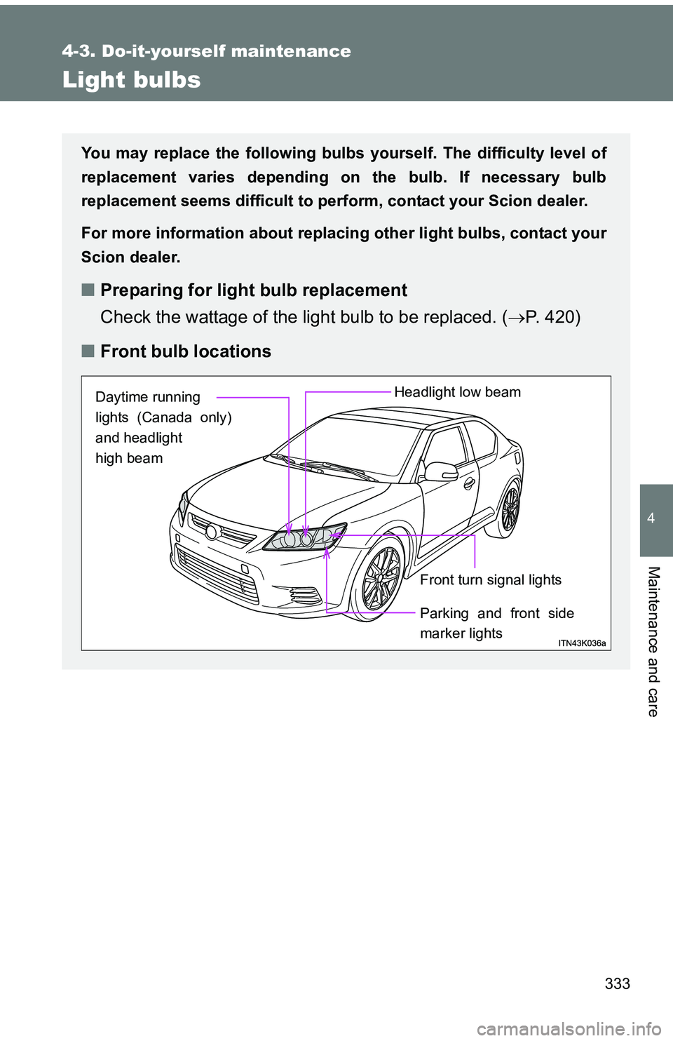 TOYOTA tC 2011  Owners Manual (in English) 333
4-3. Do-it-yourself maintenance
4
Maintenance and care
Light bulbs
You may replace the following bulbs yourself. The difficulty level of
replacement varies depending on the bulb. If necessary bulb