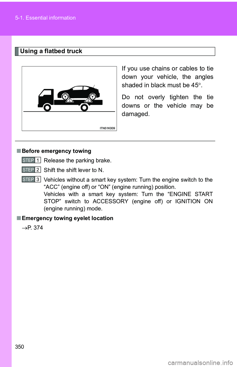 TOYOTA tC 2011 Owners Manual (in English) 350 5-1. Essential information
Using a flatbed truckIf you use chains or cables to tie
down your vehicle, the angles
shaded in black must be 45.
Do not overly tighten the tie
downs or the vehicle m TOYOTA tC 2011 Owners Manual (in English) 350 5-1. Essential information
Using a flatbed truckIf you use chains or cables to tie
down your vehicle, the angles
shaded in black must be 45.
Do not overly tighten the tie
downs or the vehicle m
