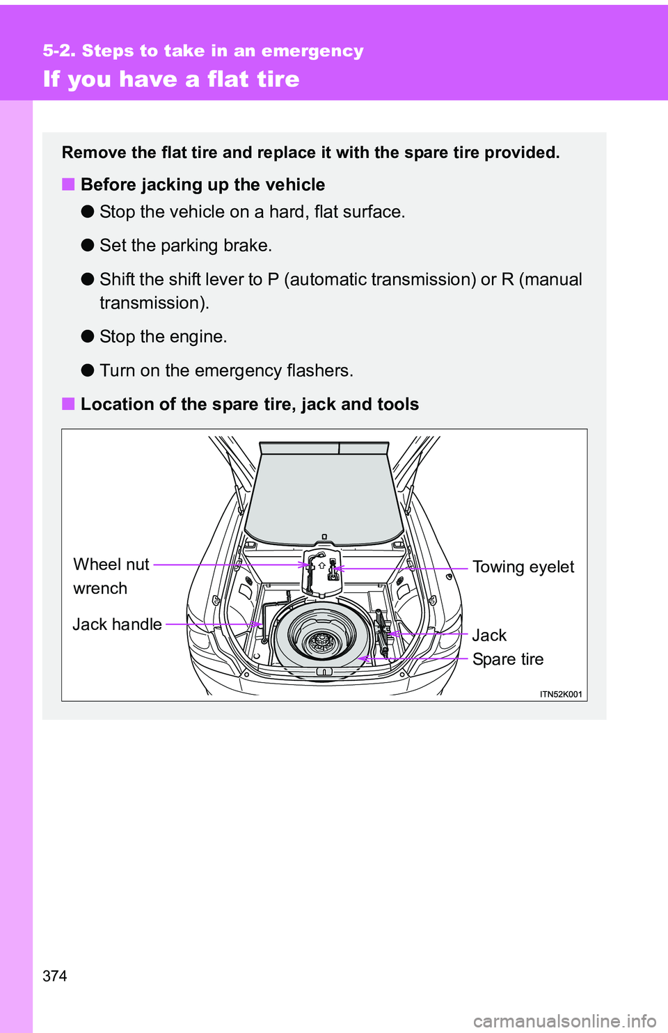 TOYOTA tC 2011  Owners Manual (in English) 374
5-2. Steps to take in an emergency
If you have a flat tire
Remove the flat tire and replace it with the spare tire provided.
■Before jacking up the vehicle
●Stop the vehicle on a hard, flat su