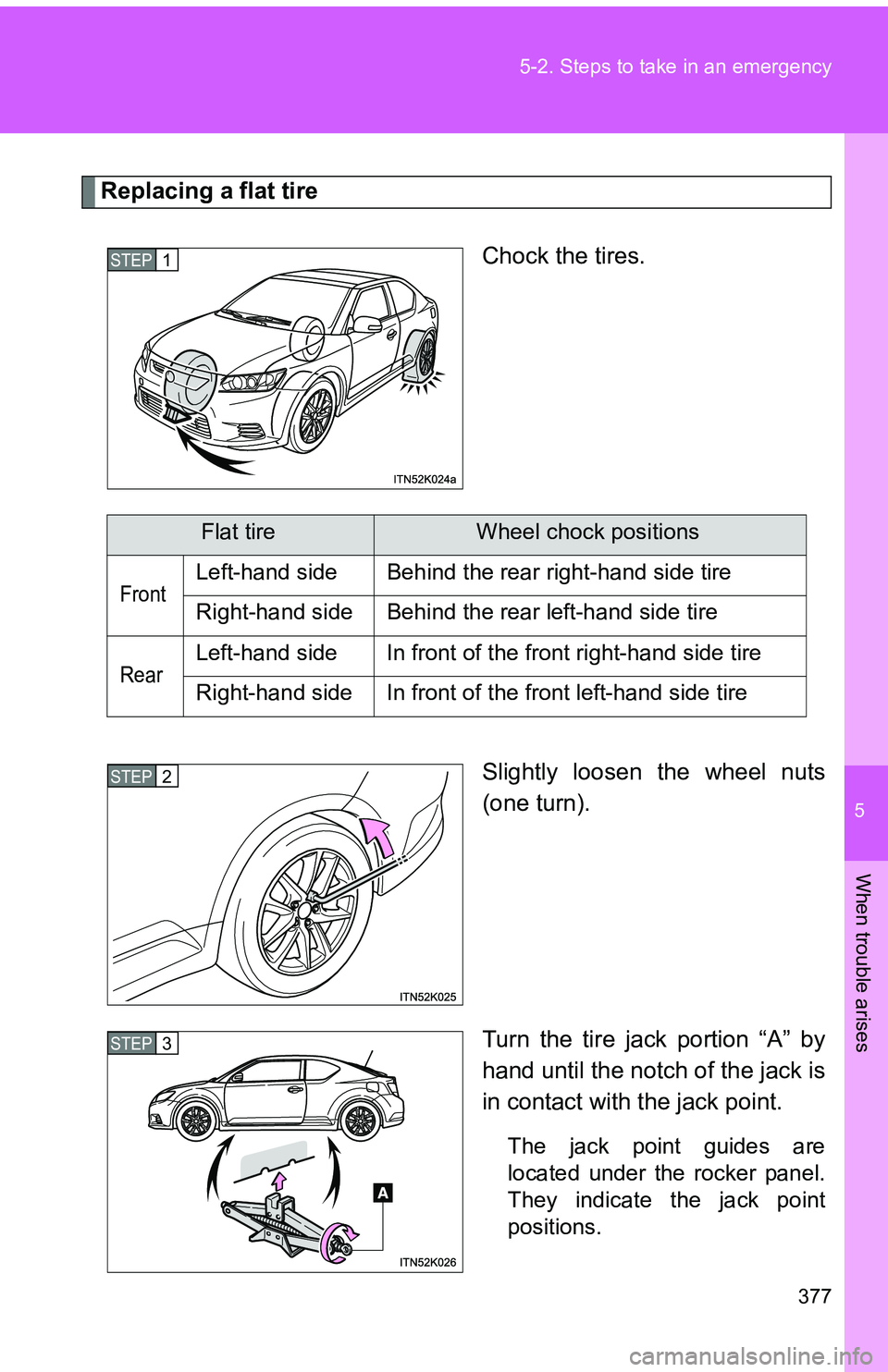 TOYOTA tC 2011  Owners Manual (in English) 5
When trouble arises
377
5-2. Steps to take in an emergency
Replacing a flat tire
Chock the tires.
Slightly loosen the wheel nuts
(one turn).
Turn the tire jack portion “A” by
hand until the notc