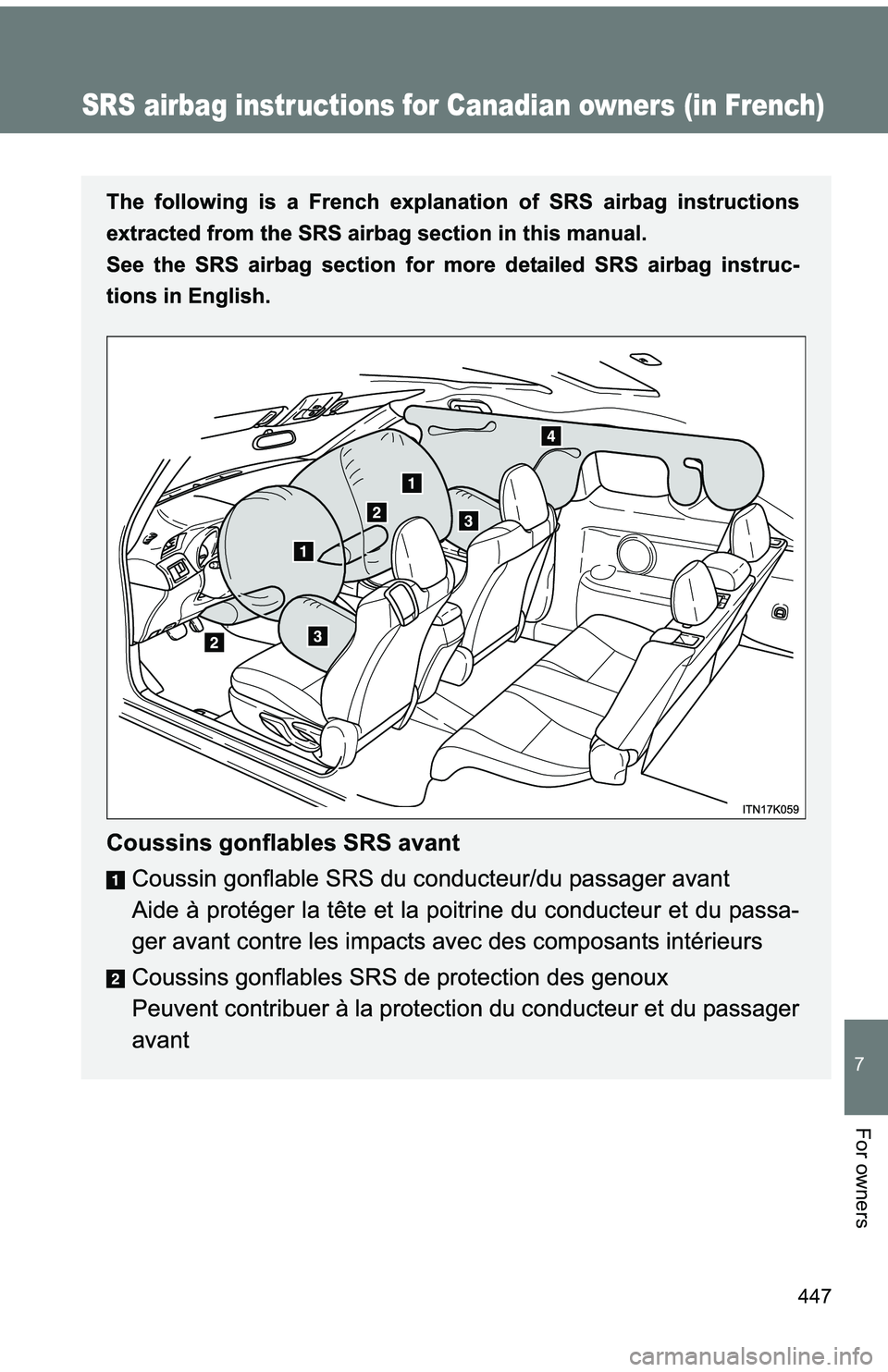TOYOTA tC 2011  Owners Manual (in English) 447
7
For owners
SRS airbag instructions for Canadian owners (in French) 