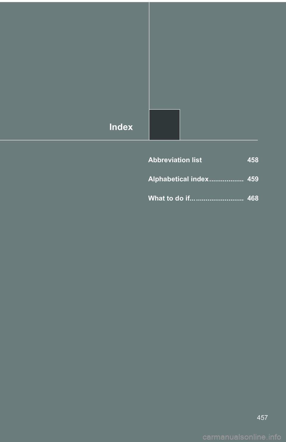 TOYOTA tC 2011  Owners Manual (in English) Index
457
Abbreviation list 458
Alphabetical index ..................  459
What to do if... .........................  468  TOYOTA tC 2011  Owners Manual (in English) Index
457
Abbreviation list 458
Alphabetical index ..................  459
What to do if... .........................  468