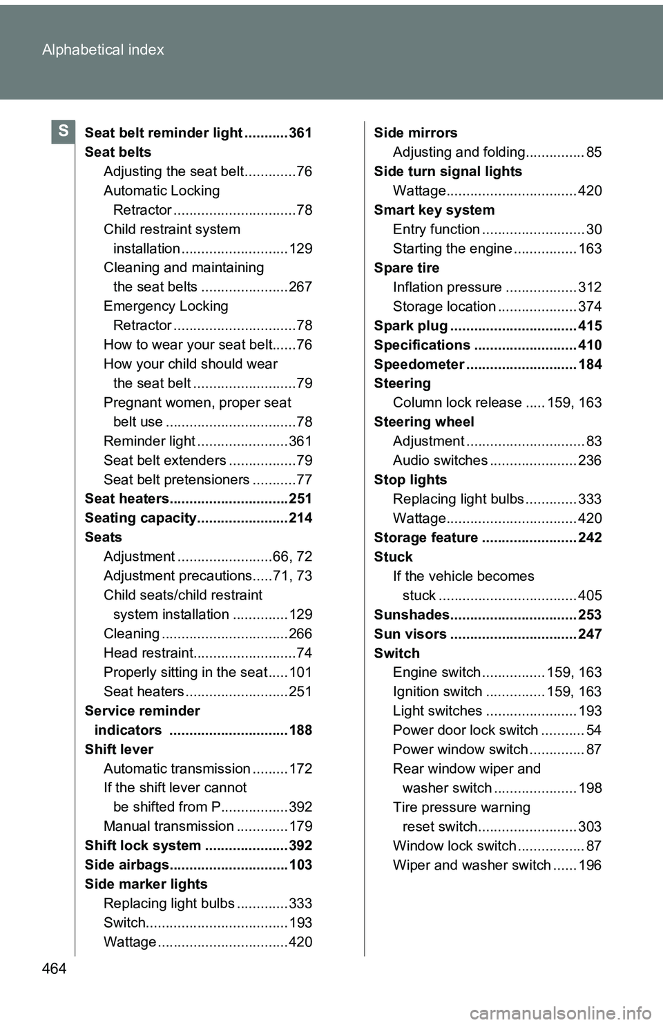 TOYOTA tC 2011  Owners Manual (in English) 464 Alphabetical index
Seat belt reminder light ........... 361
Seat beltsAdjusting the seat belt .............76
Automatic Locking Retractor ...............................78
Child restraint system  