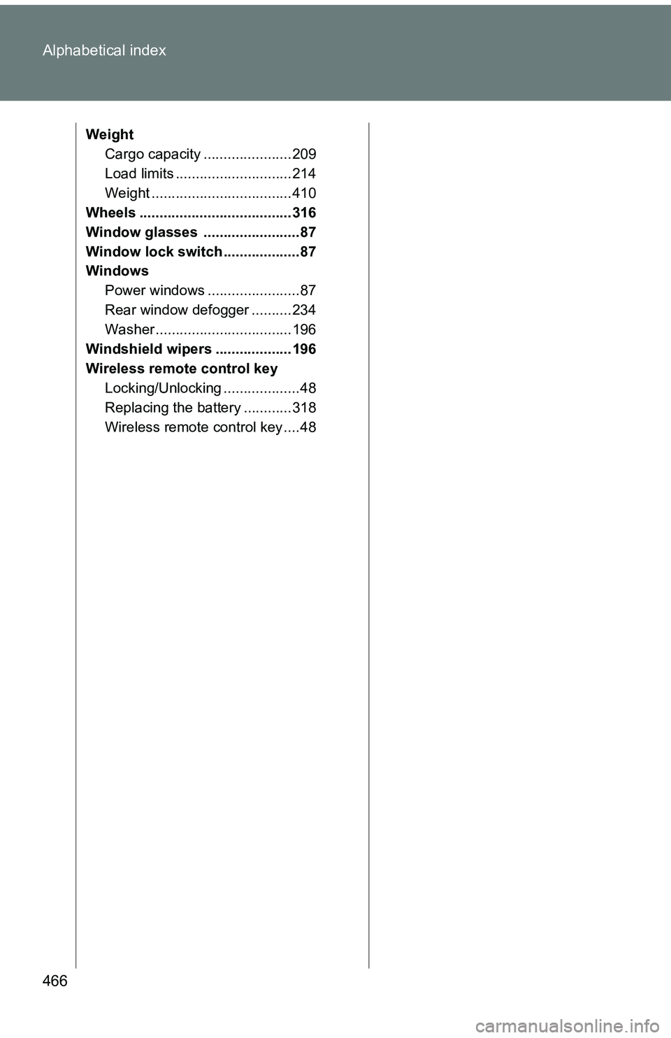TOYOTA tC 2011  Owners Manual (in English) 466 Alphabetical index
WeightCargo capacity ...................... 209
Load limits ............................. 214
Weight ................................... 410
Wheels .............................