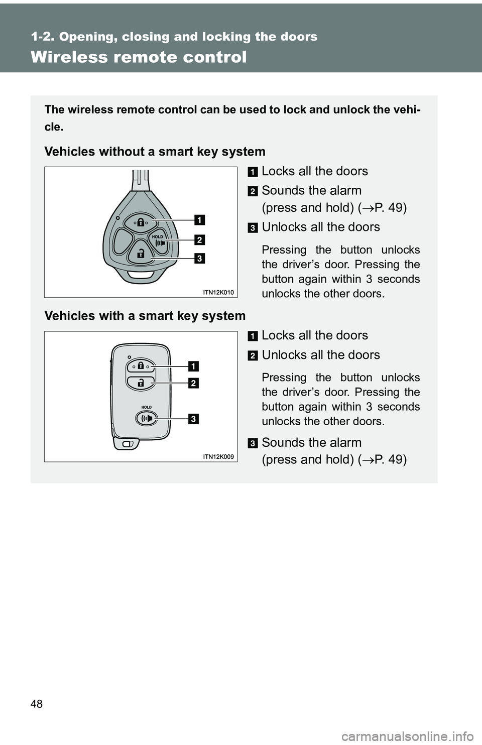 TOYOTA tC 2011 (in English) Service Manual 48
1-2. Opening, closing and locking the doors
Wireless remote control
The wireless remote control can be used to lock and unlock the vehi-
cle.
Vehicles without a smart key system
Locks all the doors TOYOTA tC 2011 (in English) Service Manual 48
1-2. Opening, closing and locking the doors
Wireless remote control
The wireless remote control can be used to lock and unlock the vehi-
cle.
Vehicles without a smart key system
Locks all the doors