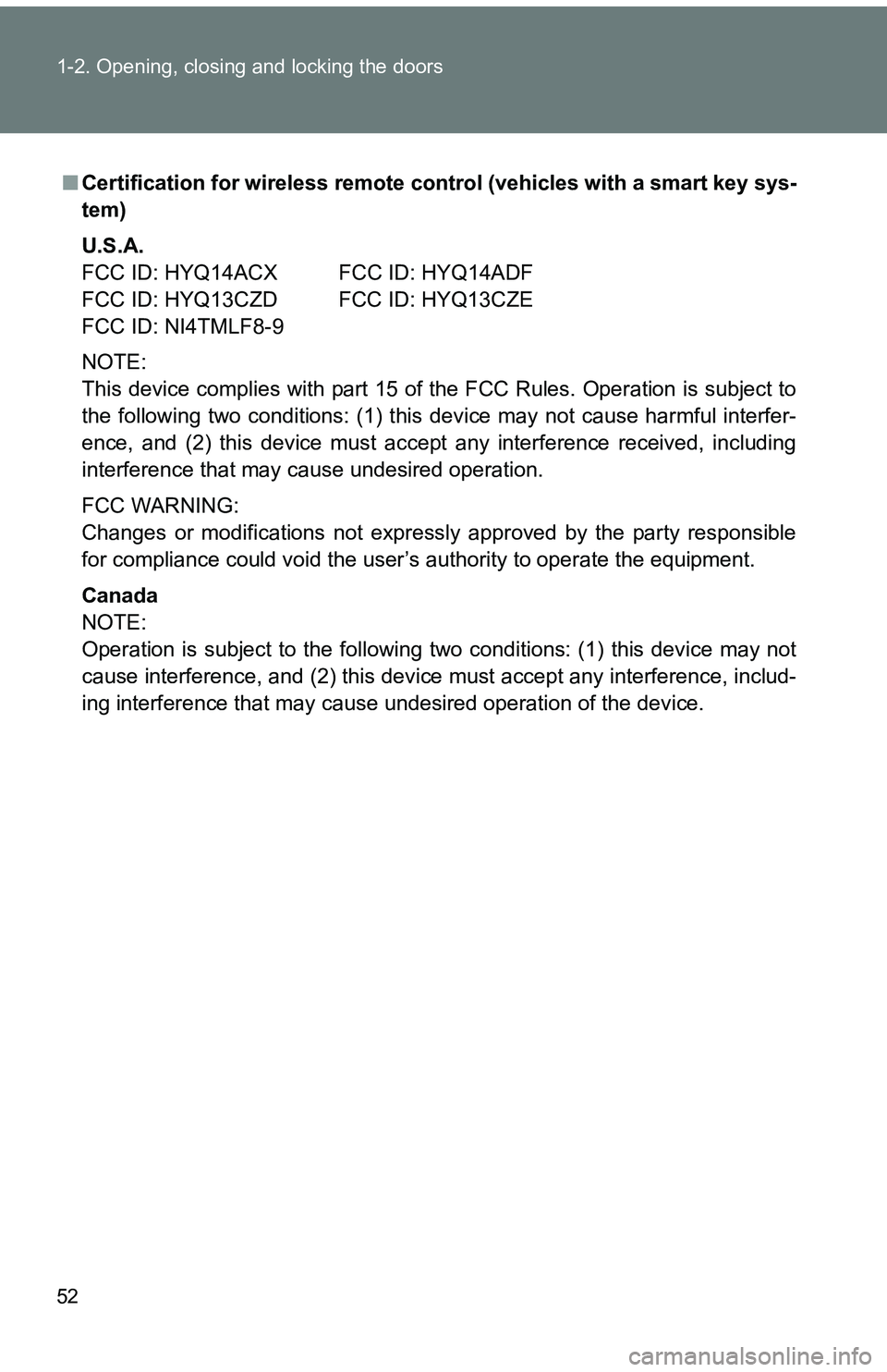 TOYOTA tC 2011   (in English) Workshop Manual 52 1-2. Opening, closing and locking the doors
■Certification for wireless remote co ntrol (vehicles with a smart key sys-
tem)
U.S.A.
FCC ID: HYQ14ACX FCC ID: HYQ14ADF
FCC ID: HYQ13CZD FCC ID: HYQ1