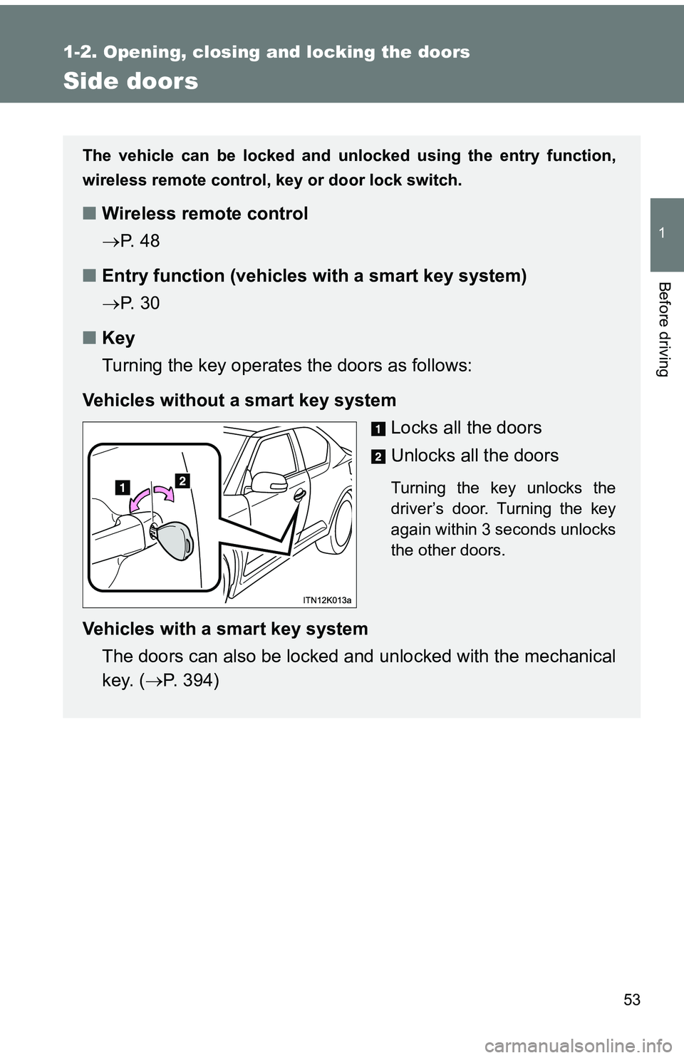 TOYOTA tC 2011   (in English) Workshop Manual 53
1
1-2. Opening, closing and locking the doors
Before driving
Side doors
The vehicle can be locked and unlocked using the entry function,
wireless remote control, key or door lock switch.
■Wireles
