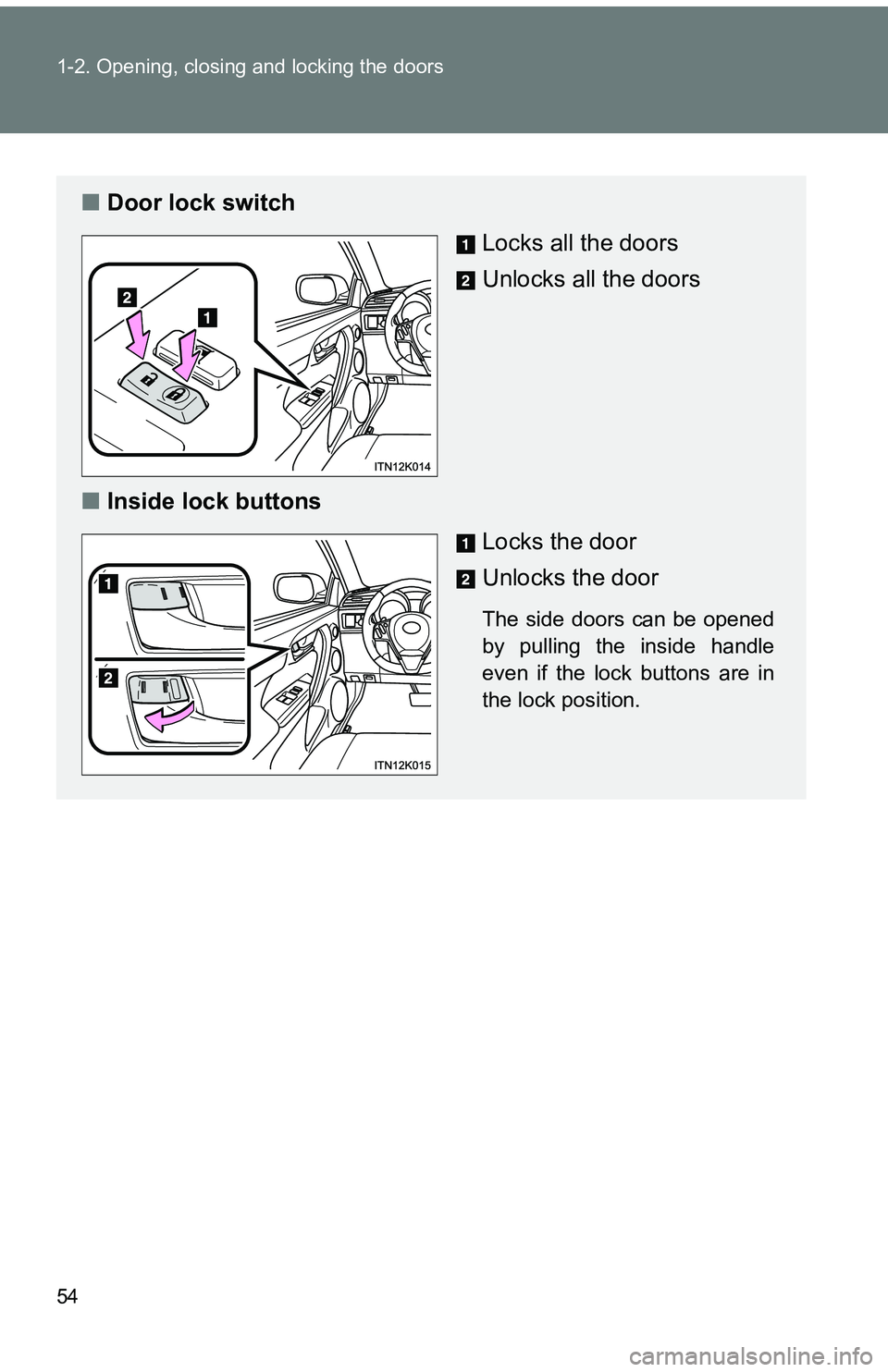 TOYOTA tC 2011   (in English) Workshop Manual 54 1-2. Opening, closing and locking the doors
■Door lock switch
Locks all the doors
Unlocks all the doors
■ Inside lock buttons
Locks the door
Unlocks the door
The side doors can be opened
by pul