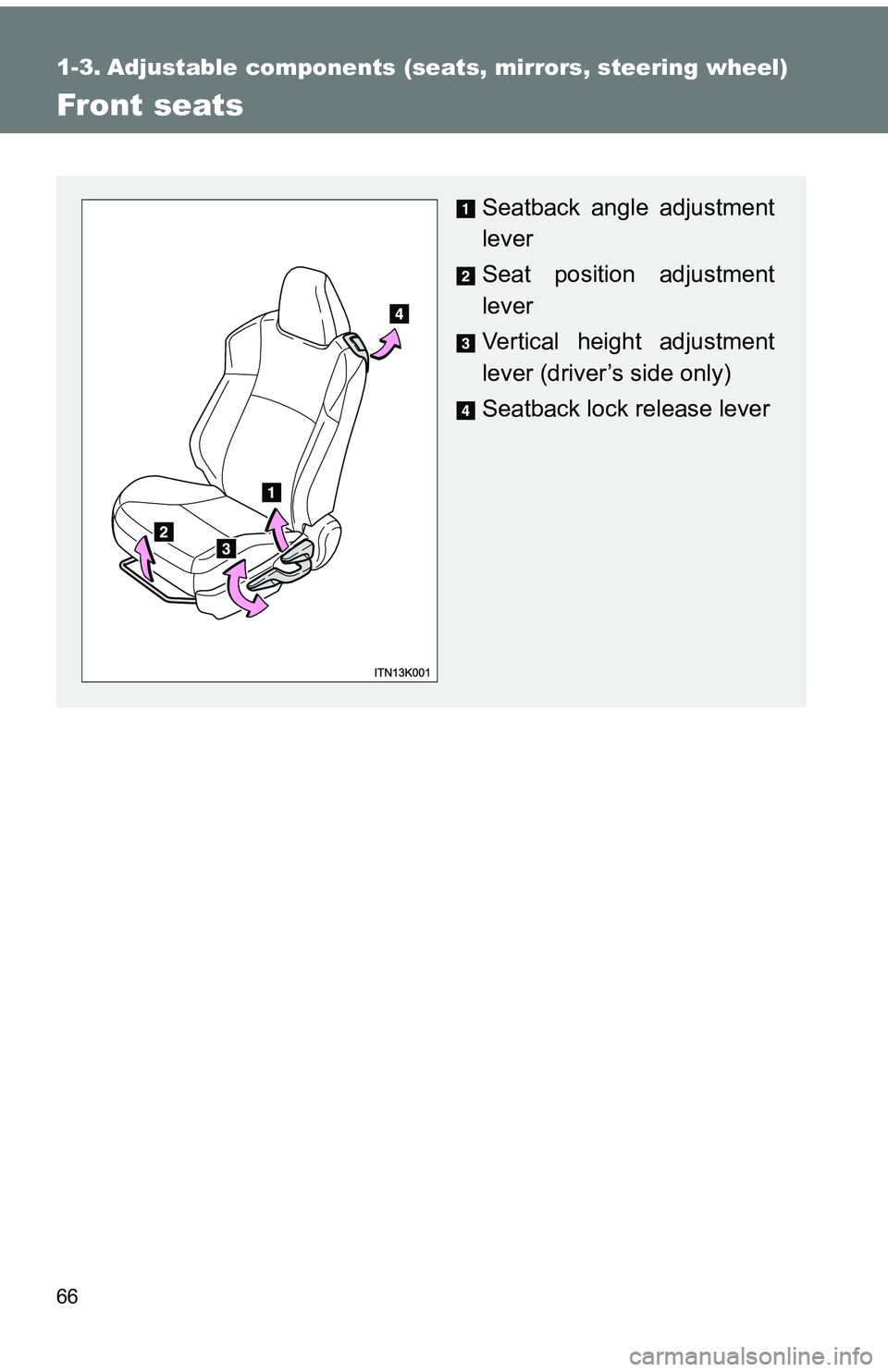 TOYOTA tC 2011 Owners Manual (in English) 66
1-3. Adjustable components (seats, mirrors, steering wheel)
Front seats
Seatback angle adjustment
lever
Seat position adjustment
lever
Vertical height adjustment
lever (driver’s side only)
Seatba TOYOTA tC 2011 Owners Manual (in English) 66
1-3. Adjustable components (seats, mirrors, steering wheel)
Front seats
Seatback angle adjustment
lever
Seat position adjustment
lever
Vertical height adjustment
lever (driver’s side only)
Seatba