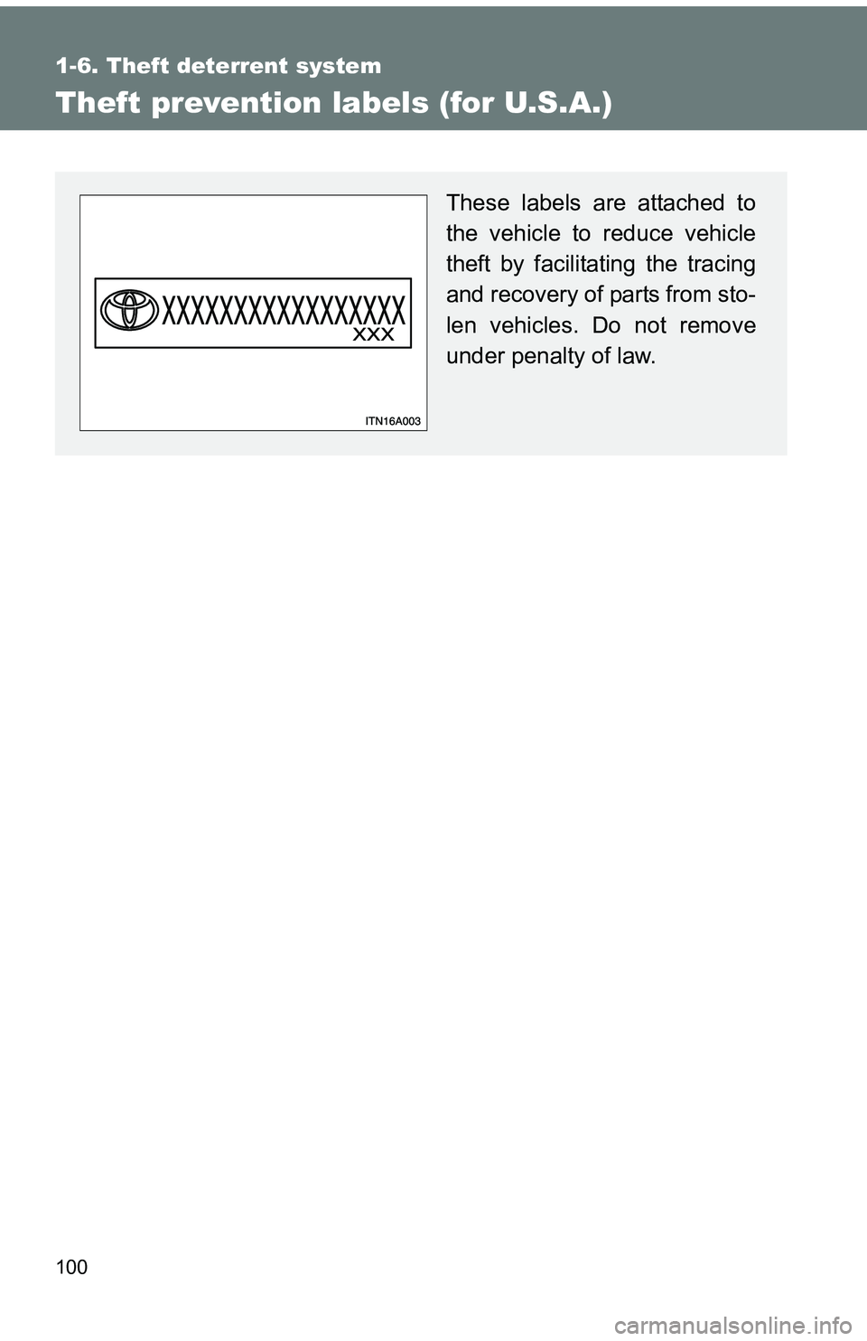 TOYOTA tC 2011  Owners Manual (in English) 100
1-6. Theft deterrent system
Theft prevention labels (for U.S.A.)
These labels are attached to
the vehicle to reduce vehicle
theft by facilitating the tracing
and recovery of parts from sto-
len ve
