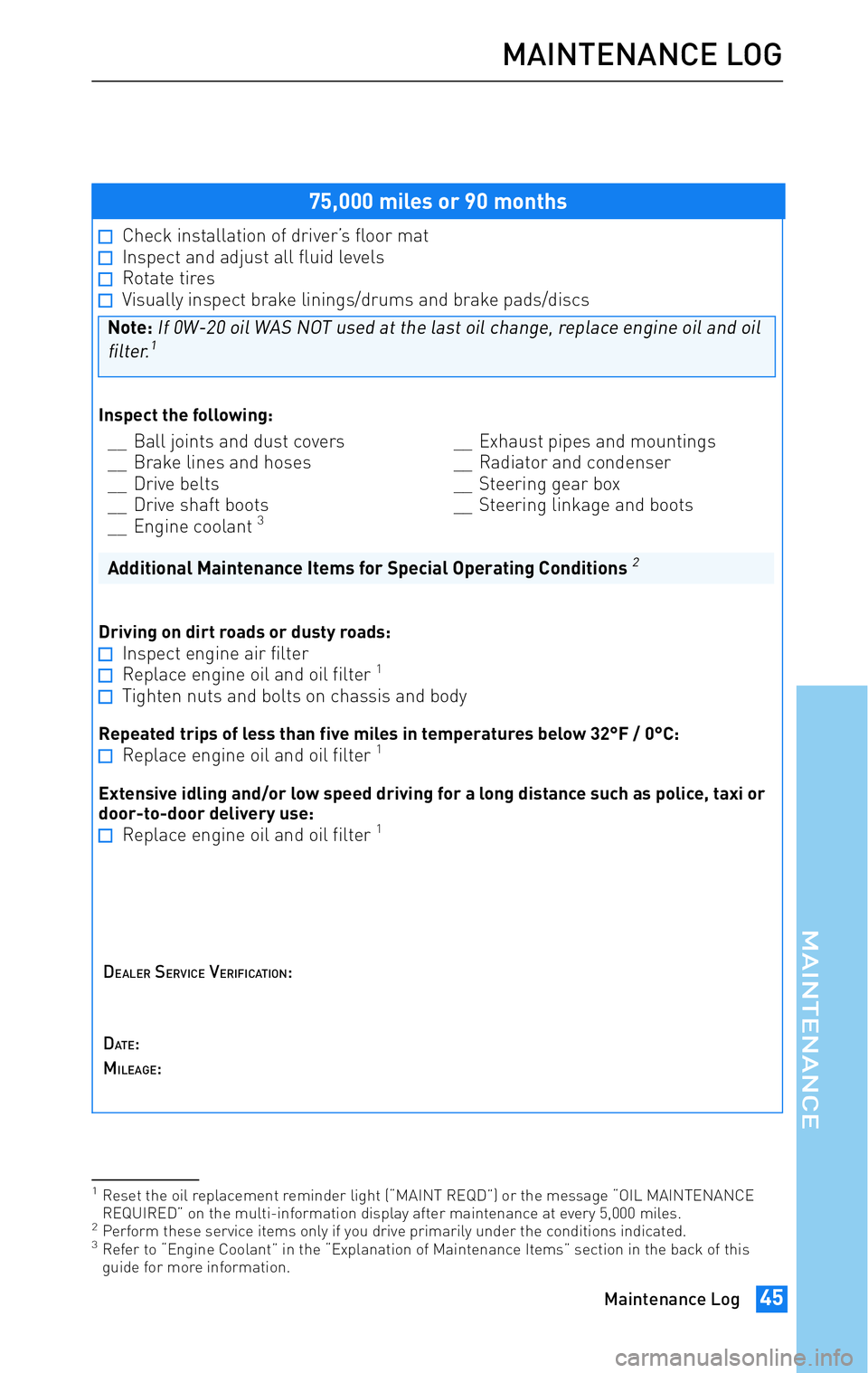 TOYOTA tC 2011 Warranties & Maintenance Guides (in English) JOBNAME: 317316-2011-stc-toywPAGE: 45SESS: 15OUTPUT: Wed Jul 14 16:28:25 2010
/tweddle/toyota/sched-maint/317316-en-stc/wg
75,000 miles or 90 months
Check installation of driver’s floor matInspect TOYOTA tC 2011 Warranties & Maintenance Guides (in English) JOBNAME: 317316-2011-stc-toywPAGE: 45SESS: 15OUTPUT: Wed Jul 14 16:28:25 2010
/tweddle/toyota/sched-maint/317316-en-stc/wg
75,000 miles or 90 months
Check installation of driver’s floor matInspect