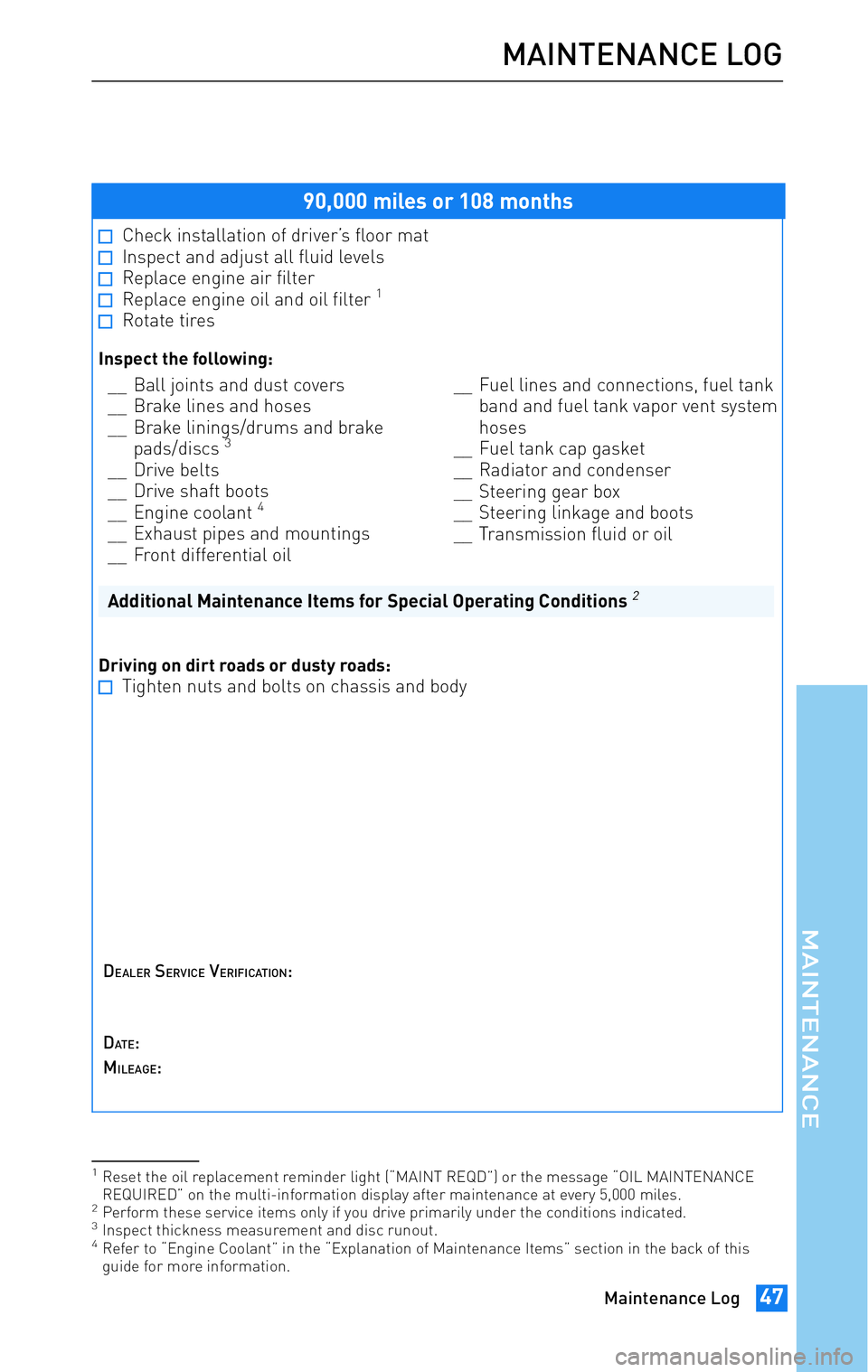 TOYOTA tC 2011 Warranties & Maintenance Guides (in English) JOBNAME: 317316-2011-stc-toywPAGE: 47SESS: 12OUTPUT: Wed Jul 14 16:28:25 2010
/tweddle/toyota/sched-maint/317316-en-stc/wg
90,000 miles or 108 months
Check installation of driver’s floor matInspect TOYOTA tC 2011 Warranties & Maintenance Guides (in English) JOBNAME: 317316-2011-stc-toywPAGE: 47SESS: 12OUTPUT: Wed Jul 14 16:28:25 2010
/tweddle/toyota/sched-maint/317316-en-stc/wg
90,000 miles or 108 months
Check installation of driver’s floor matInspect
