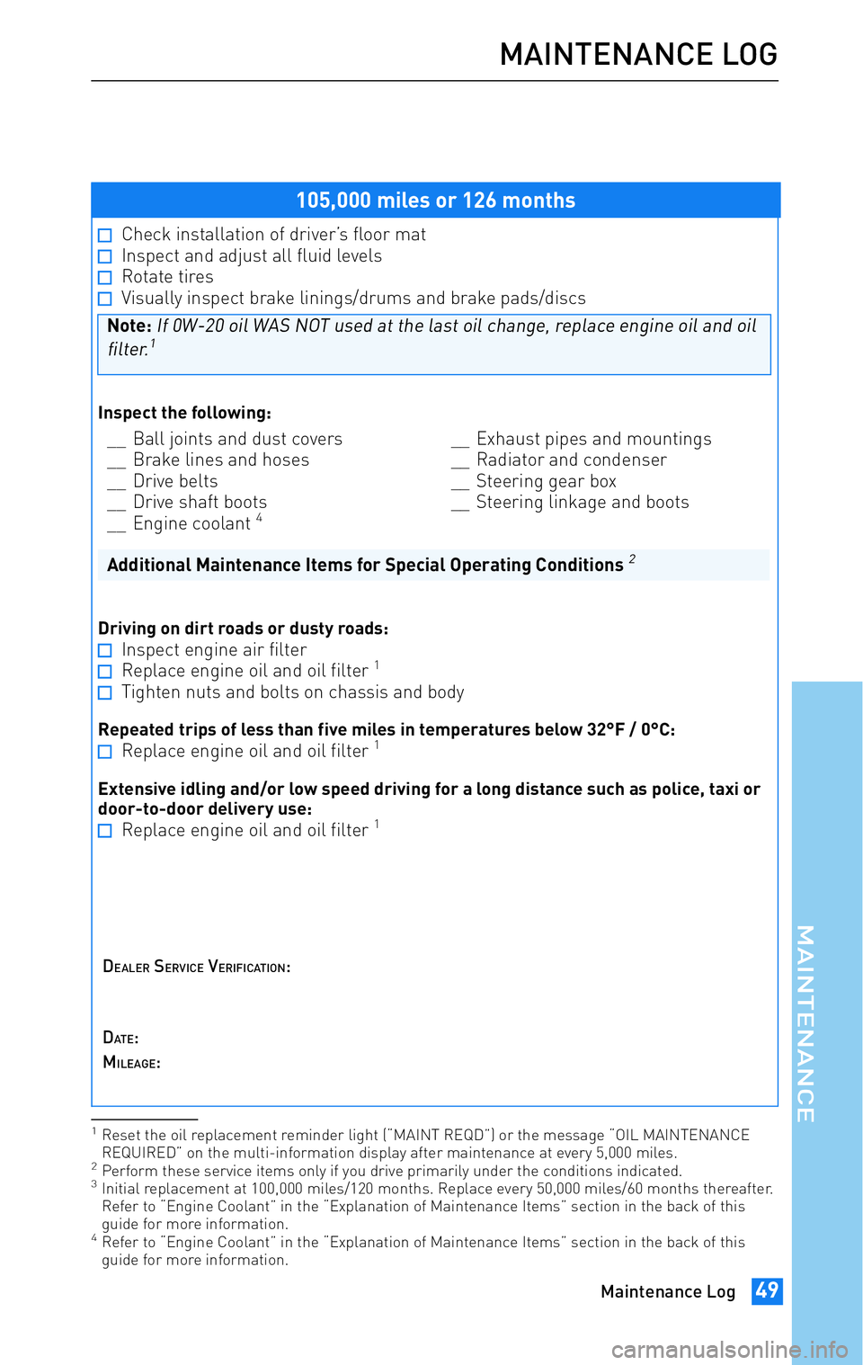 TOYOTA tC 2011 Warranties & Maintenance Guides (in English) JOBNAME: 317316-2011-stc-toywPAGE: 49SESS: 15OUTPUT: Wed Jul 14 16:28:25 2010
/tweddle/toyota/sched-maint/317316-en-stc/wg
105,000 miles or 126 months
Check installation of driver’s floor matInspec TOYOTA tC 2011 Warranties & Maintenance Guides (in English) JOBNAME: 317316-2011-stc-toywPAGE: 49SESS: 15OUTPUT: Wed Jul 14 16:28:25 2010
/tweddle/toyota/sched-maint/317316-en-stc/wg
105,000 miles or 126 months
Check installation of driver’s floor matInspec